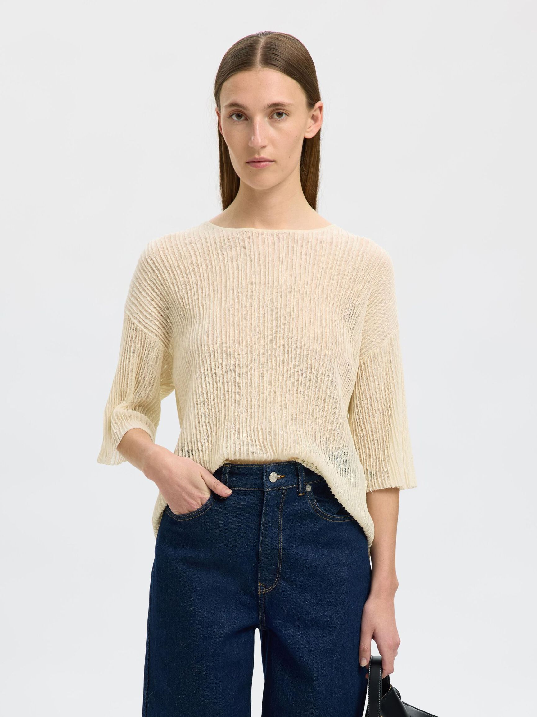 COTTON BLEND KNITTED TOP, Birch, highres