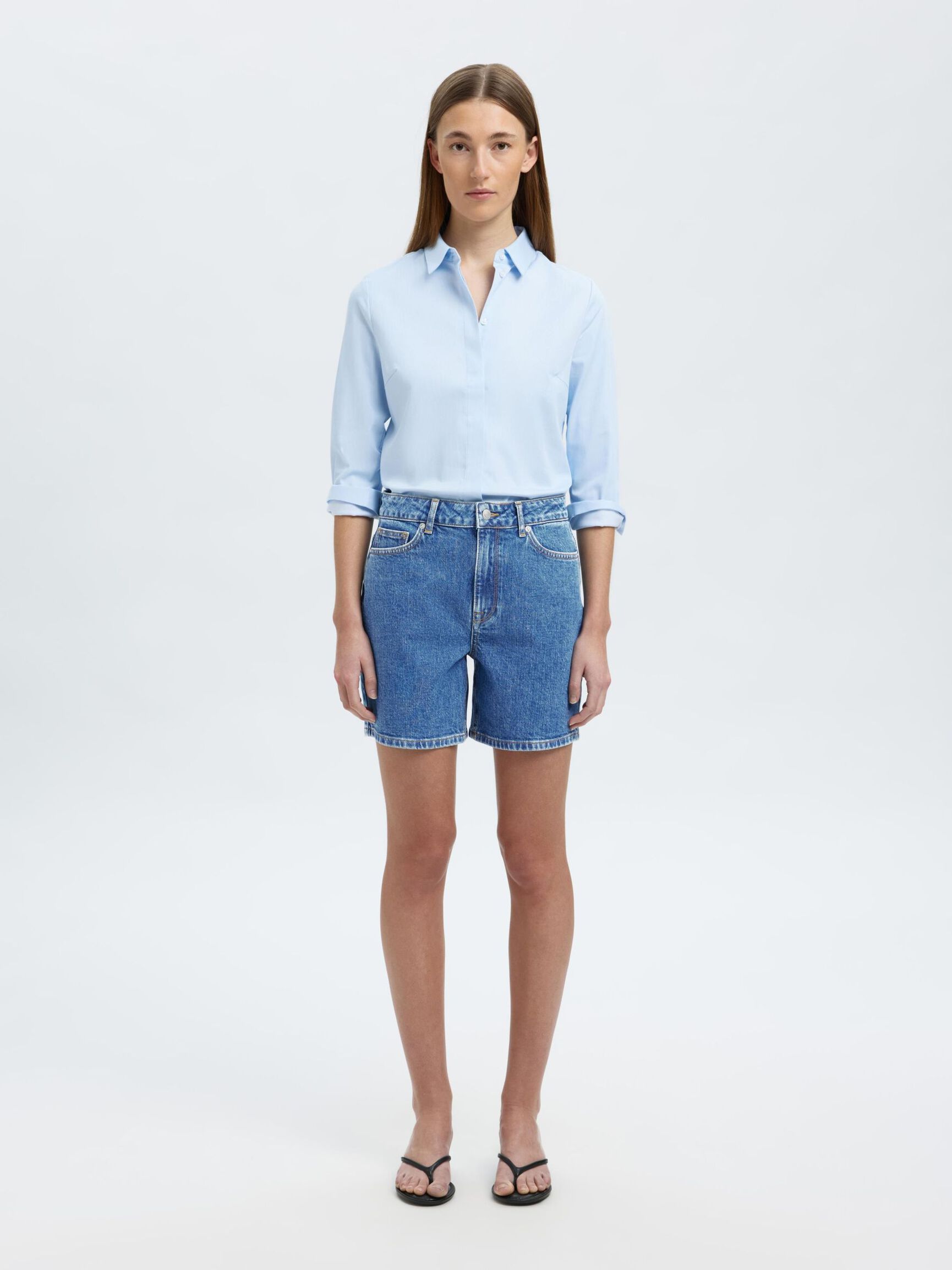 HIGH-WAISTED DENIM SHORTS, Medium Blue Denim, highres