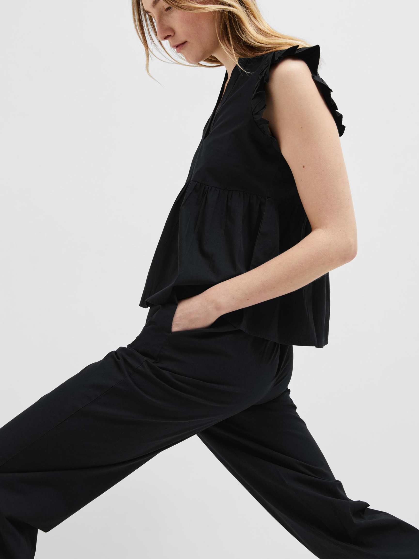 RUFFLED TOP, Black, highres