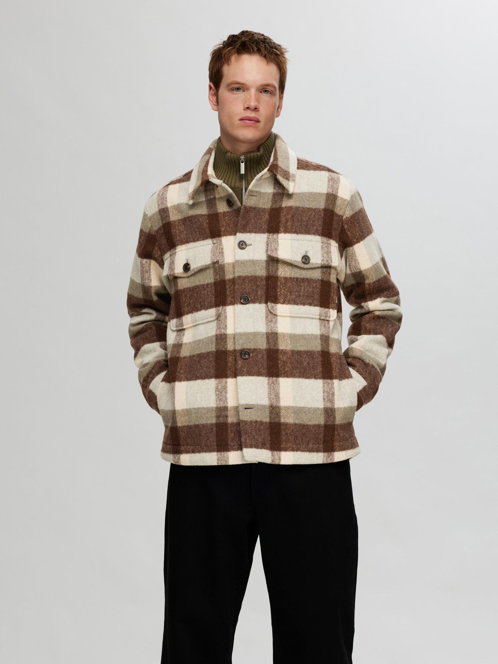 CHECKED WOOL BLEND SHACKET, Elephant Skin, highres
