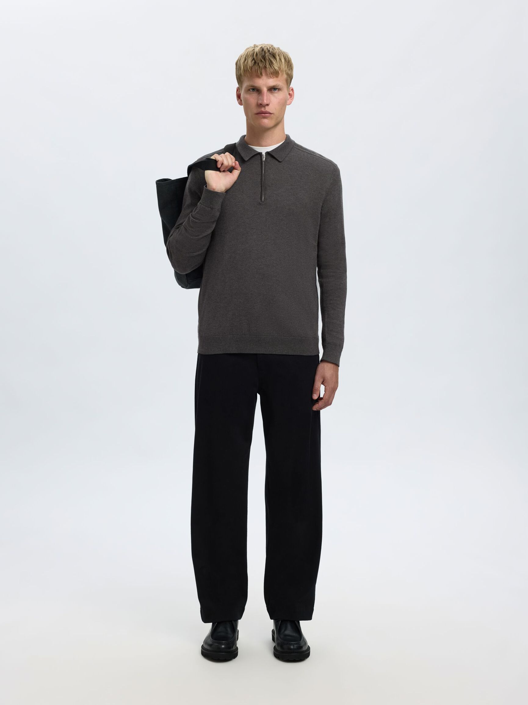 KNITTED LONG-SLEEVED POLO, Antracit, highres