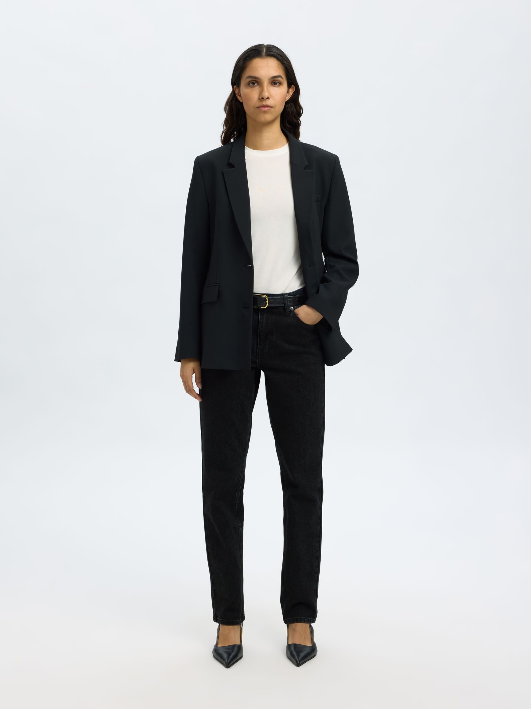 MID WAIST SLIM JEANS MED TAPERED FIT, Black Denim, highres