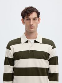 STRIPED COTTON LONG-SLEEVED POLO, Forest Night, highres