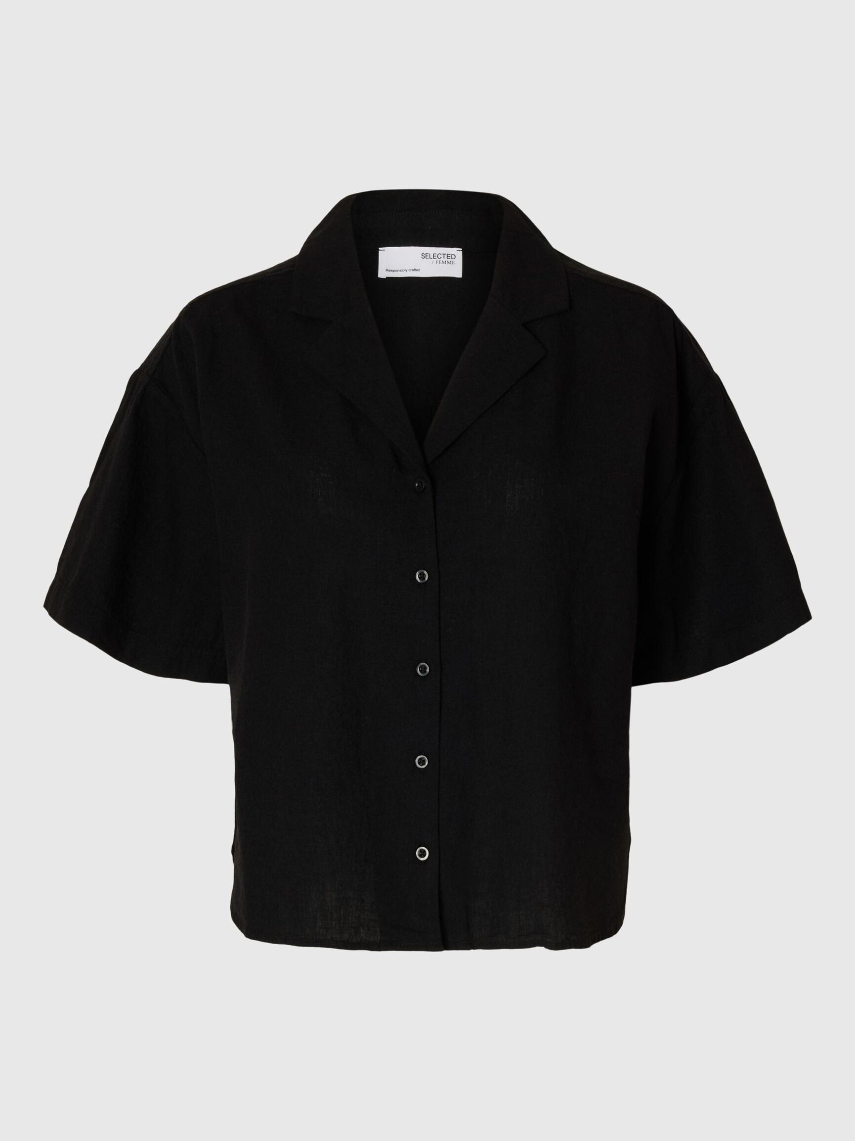 LINNENMIX OVERHEMD MET KORTE MOUWEN, Black, highres