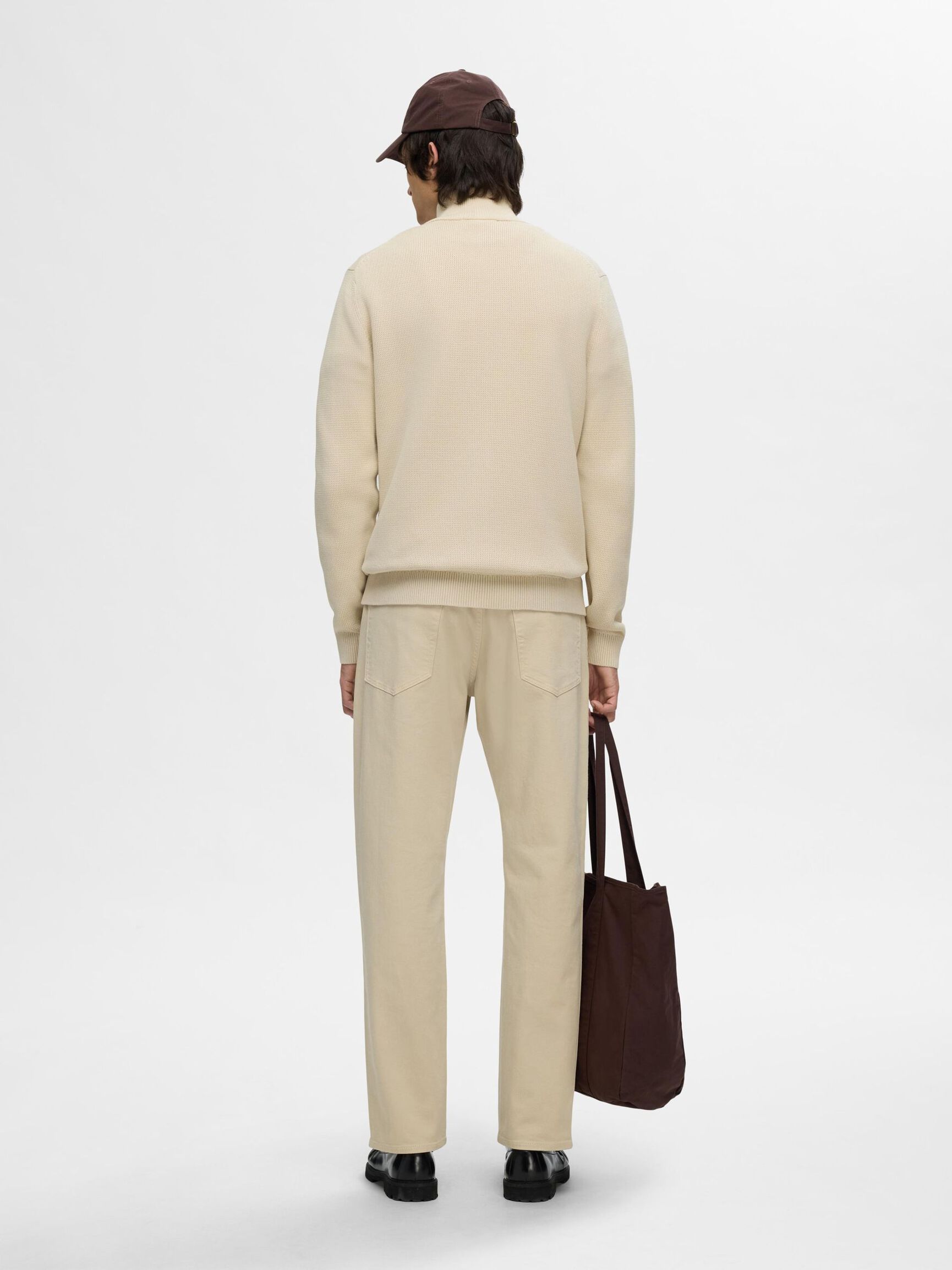 ZIPPED HIGH NECK KNITTED CARDIGAN, Oatmeal, highres