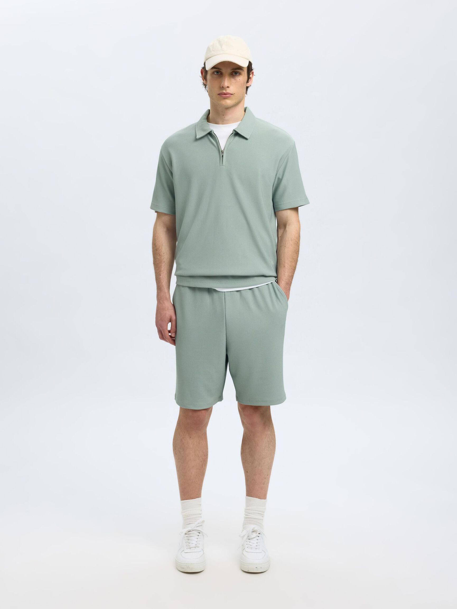 HALF-ZIP PLISSEE POLO SHIRT, Iceberg Green, highres