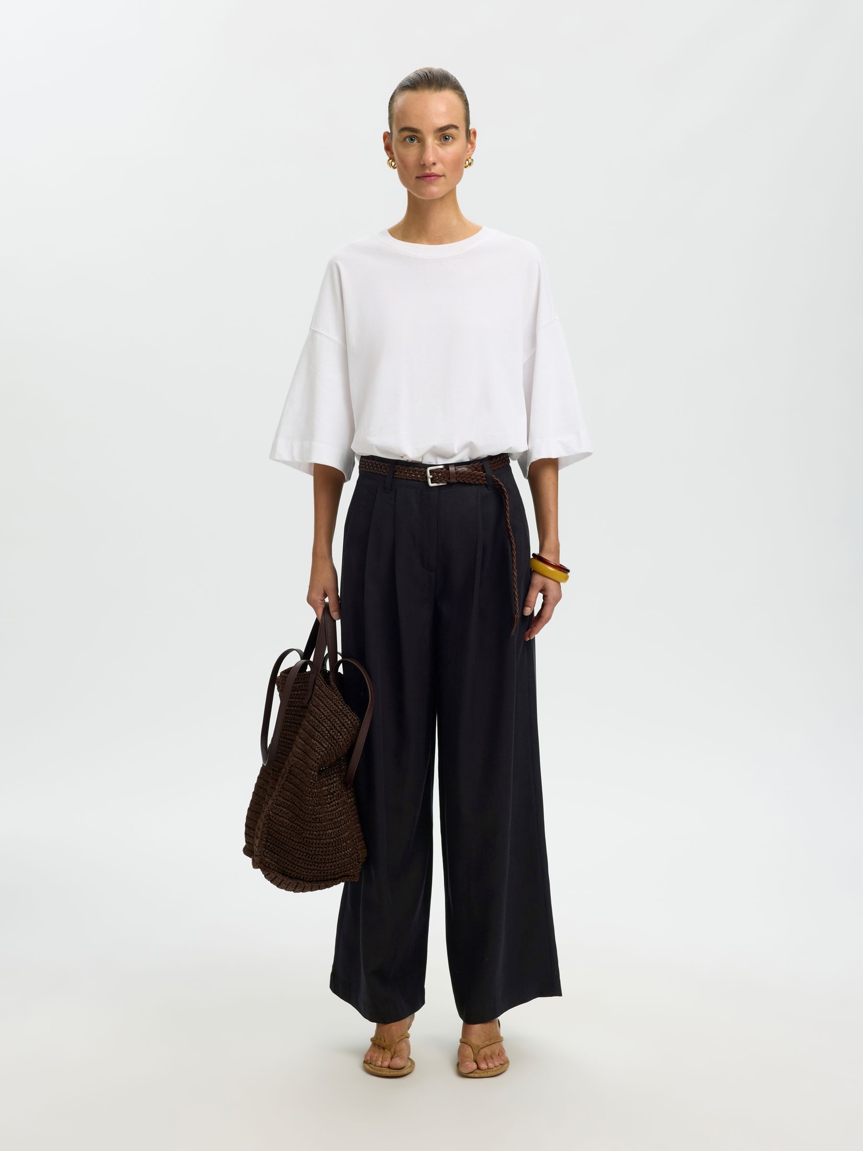 PLEATED WIDE-LEG TROUSERS, Black, highres