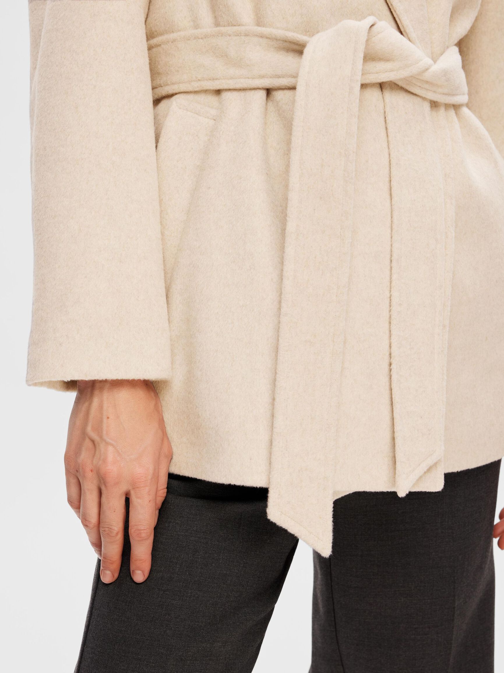 BELTED WOOL BLEND COAT, Sandshell, highres
