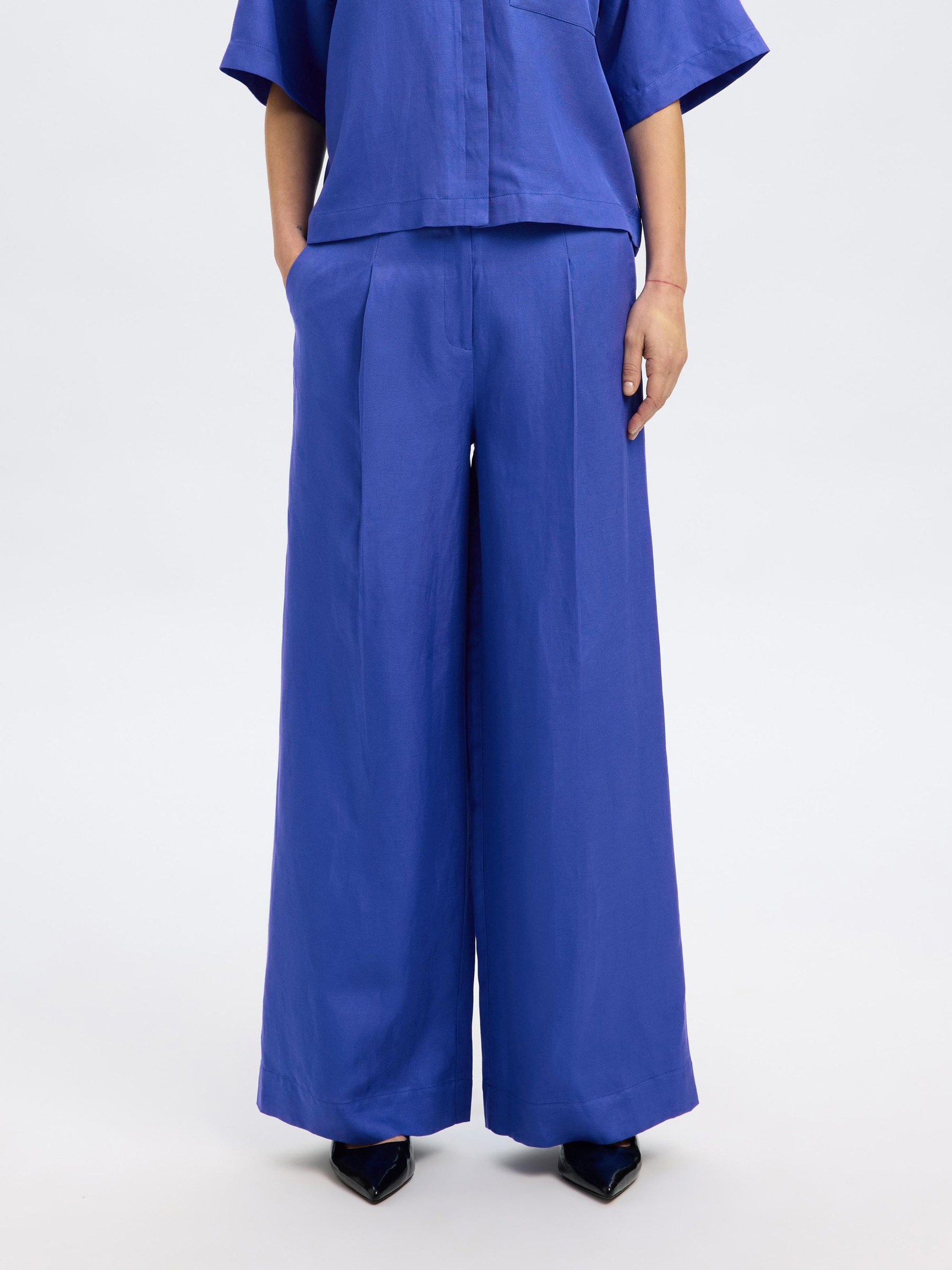 LINEN BLEND WIDE-LEG TROUSERS, Dazzling Blue, highres