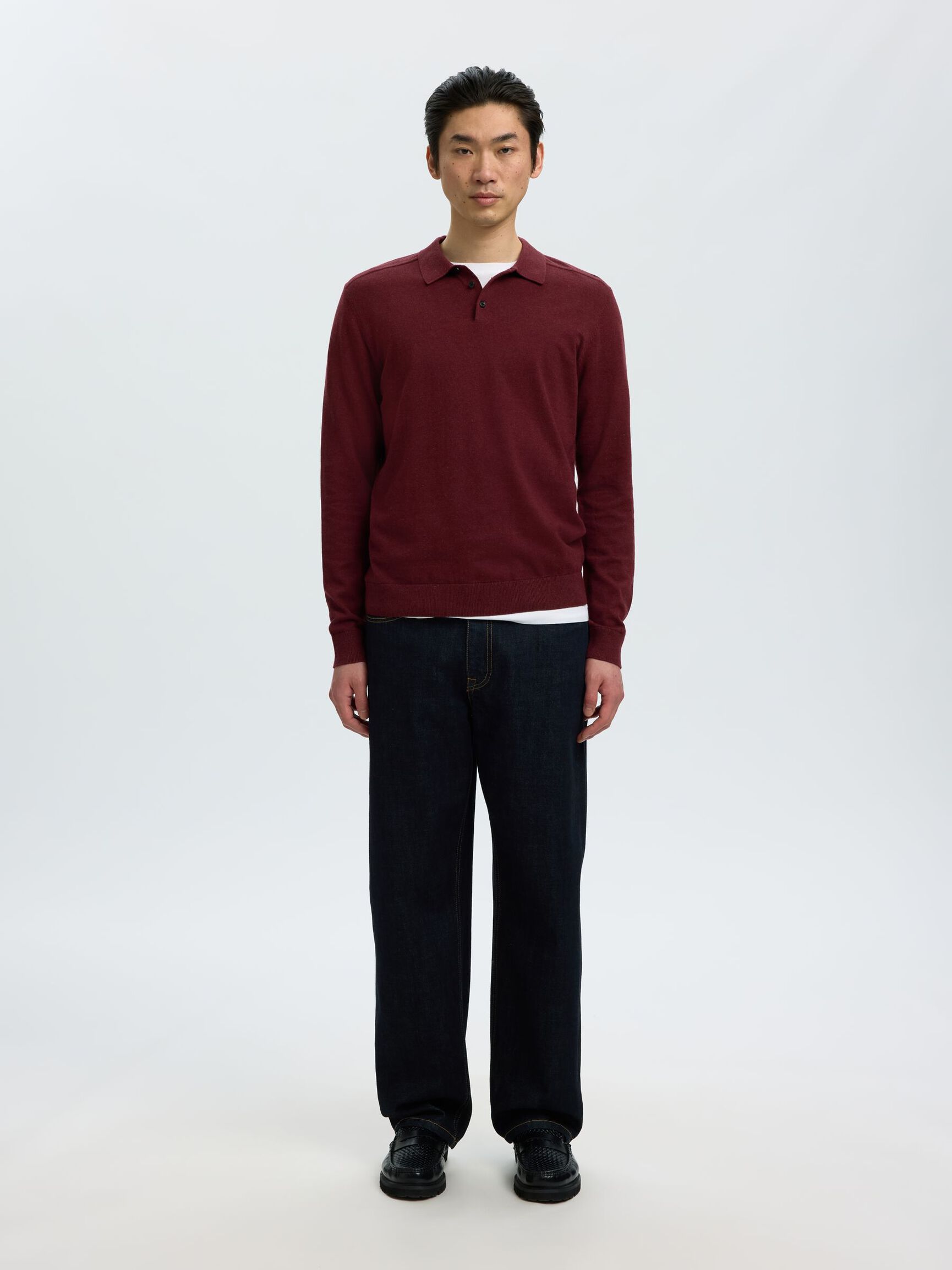 KNITTED LONG-SLEEVED POLO SHIRT, Tawny Port, highres