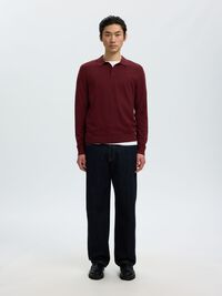 KNITTED LONG-SLEEVED POLO SHIRT, Tawny Port, highres