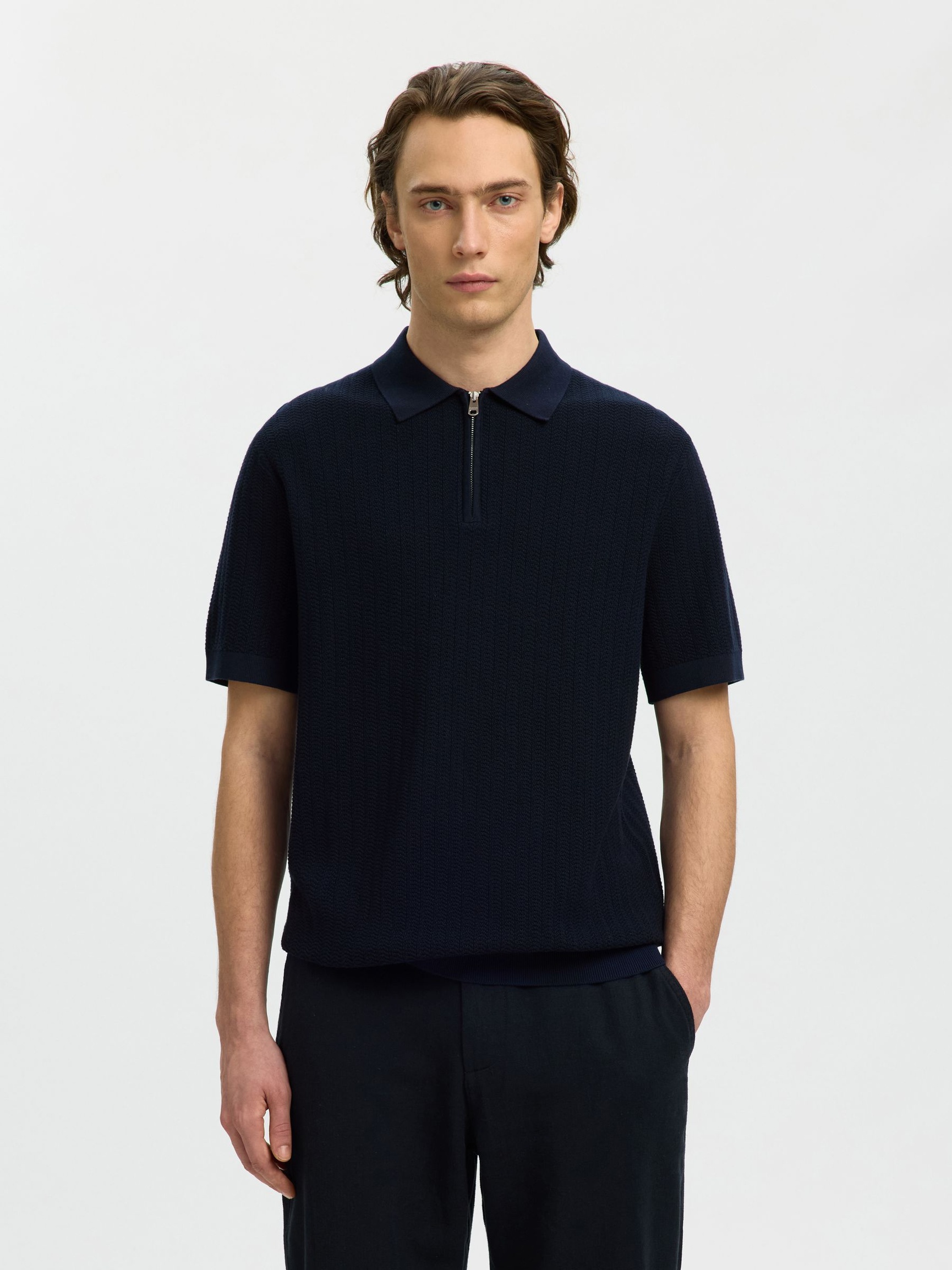 ZIP UP POLO SHIRT, Navy Blazer, highres