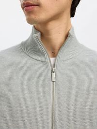 ZIPPED HIGH NECK KNITTED CARDIGAN, Light Grey Melange, highres