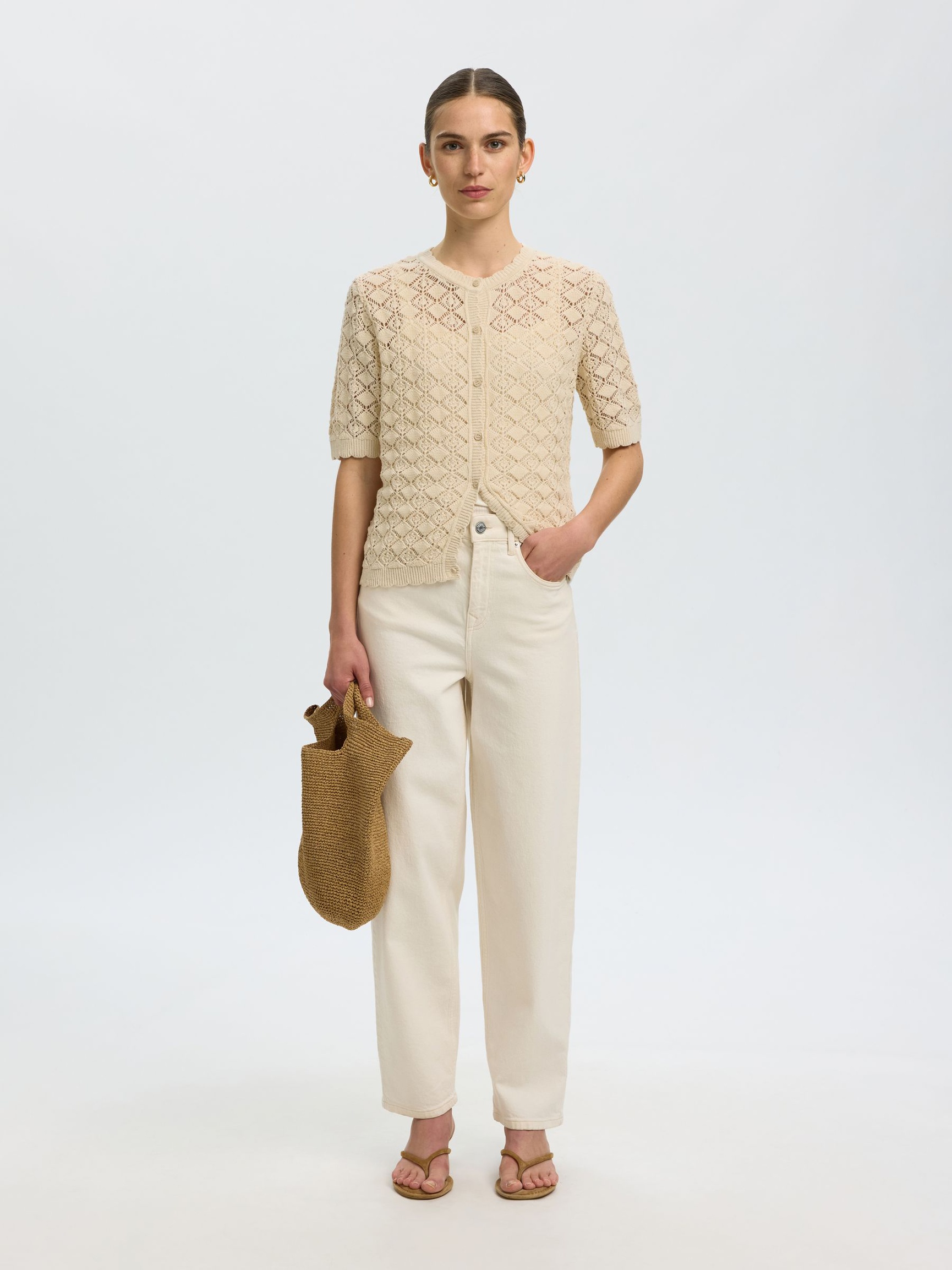 SHORT SLEEVED KNITTED CARDIGAN, Birch, highres