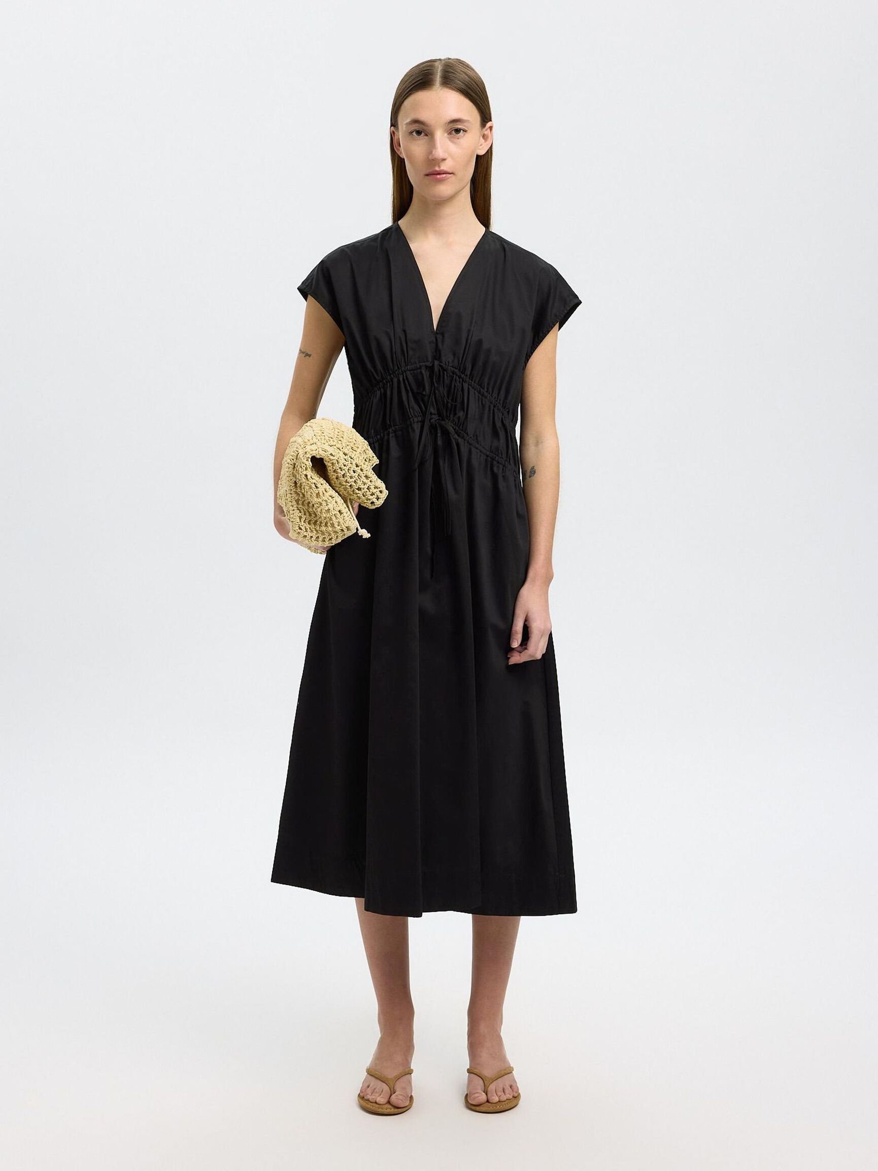 TIE FRONT MIDI DRESS, Black, highres