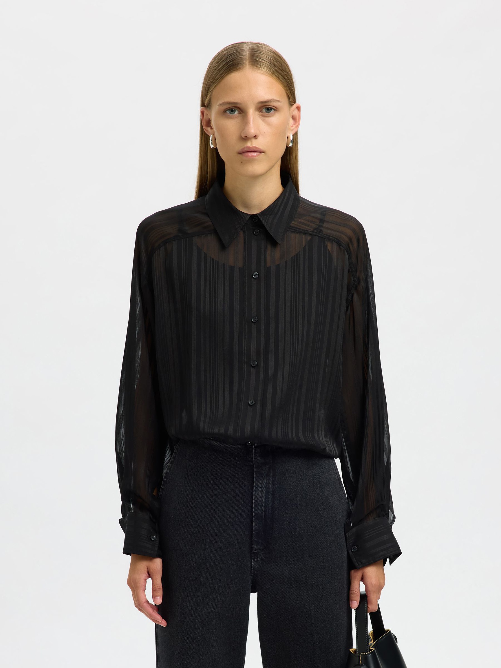 DOORSCHIJNENDE OVERHEMD MET LANGE MOUWEN, Black, highres