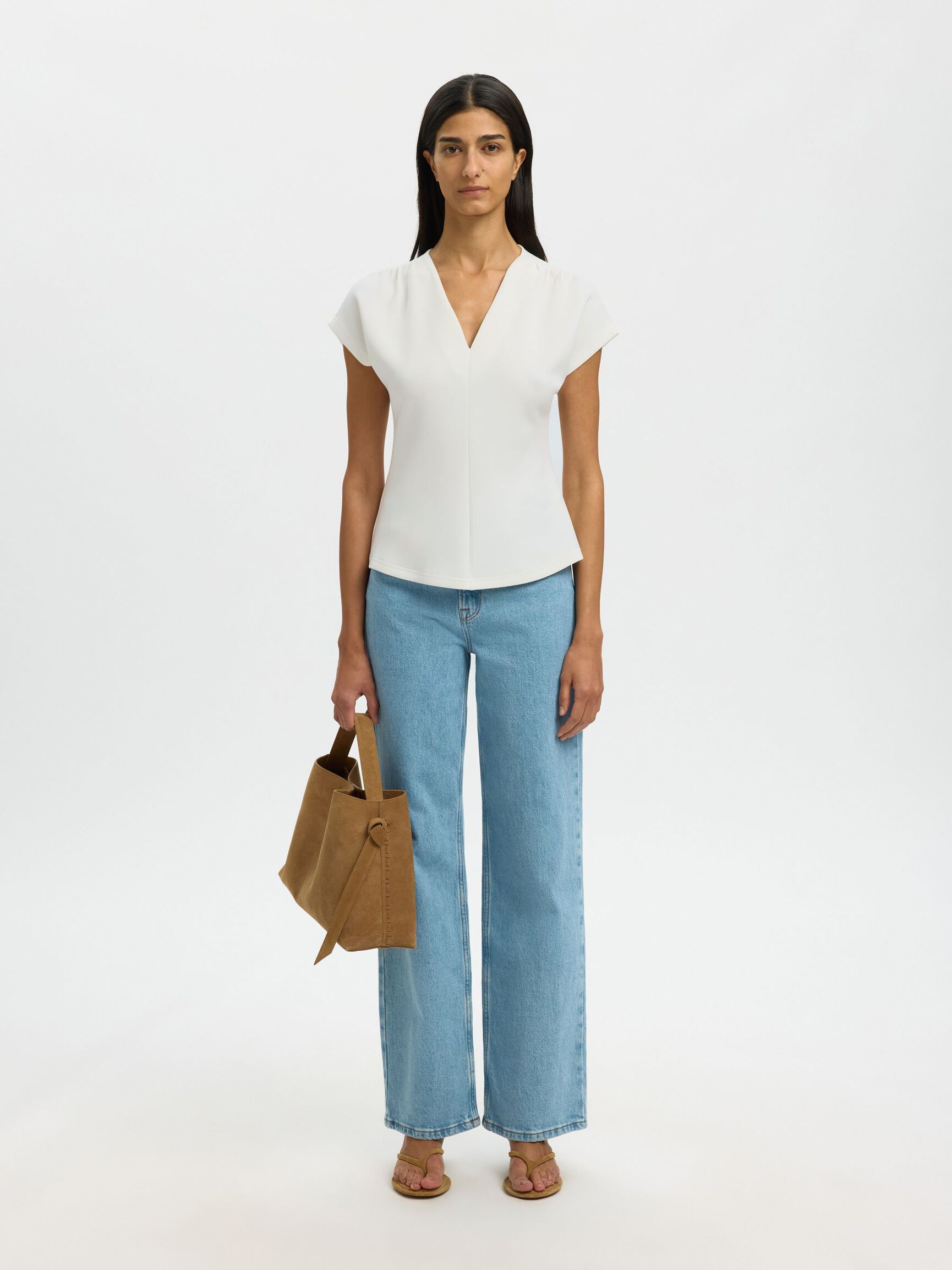 GATHERED V-NECK TOP, Snow White, highres