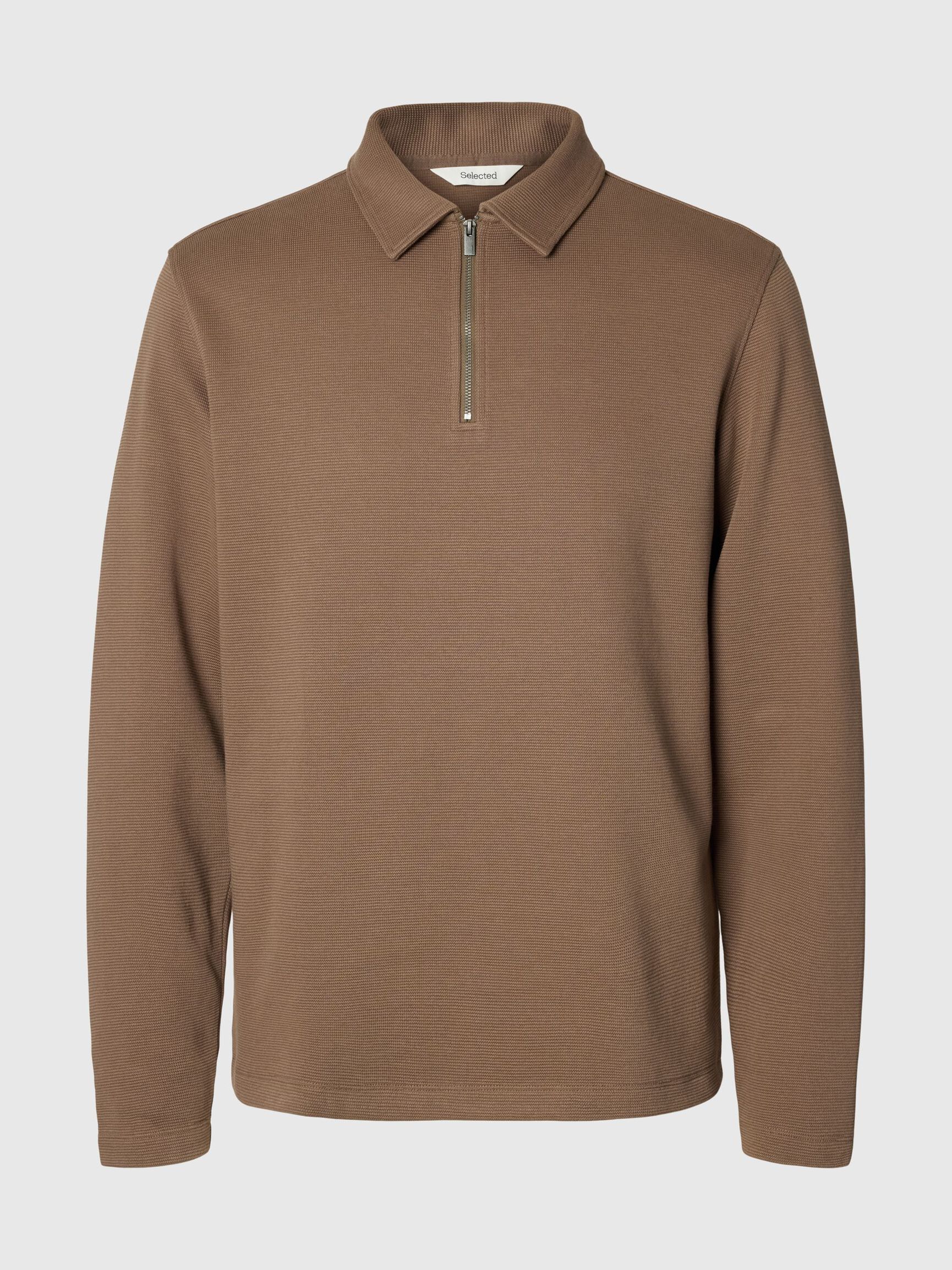RIBBED HALF ZIP LONG-SLEEVED POLO, Morel, highres