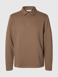 RIBBED HALF ZIP LONG-SLEEVED POLO, Morel, highres