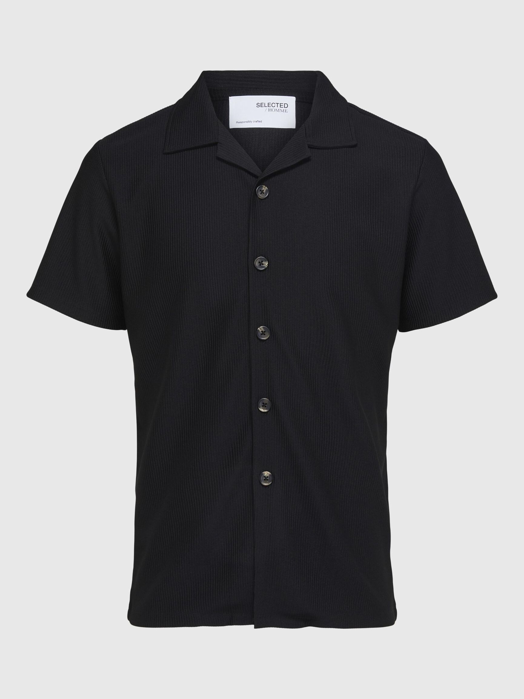 GERIPPTES CUBAN COLLAR KURZARMHEMD, Black, highres