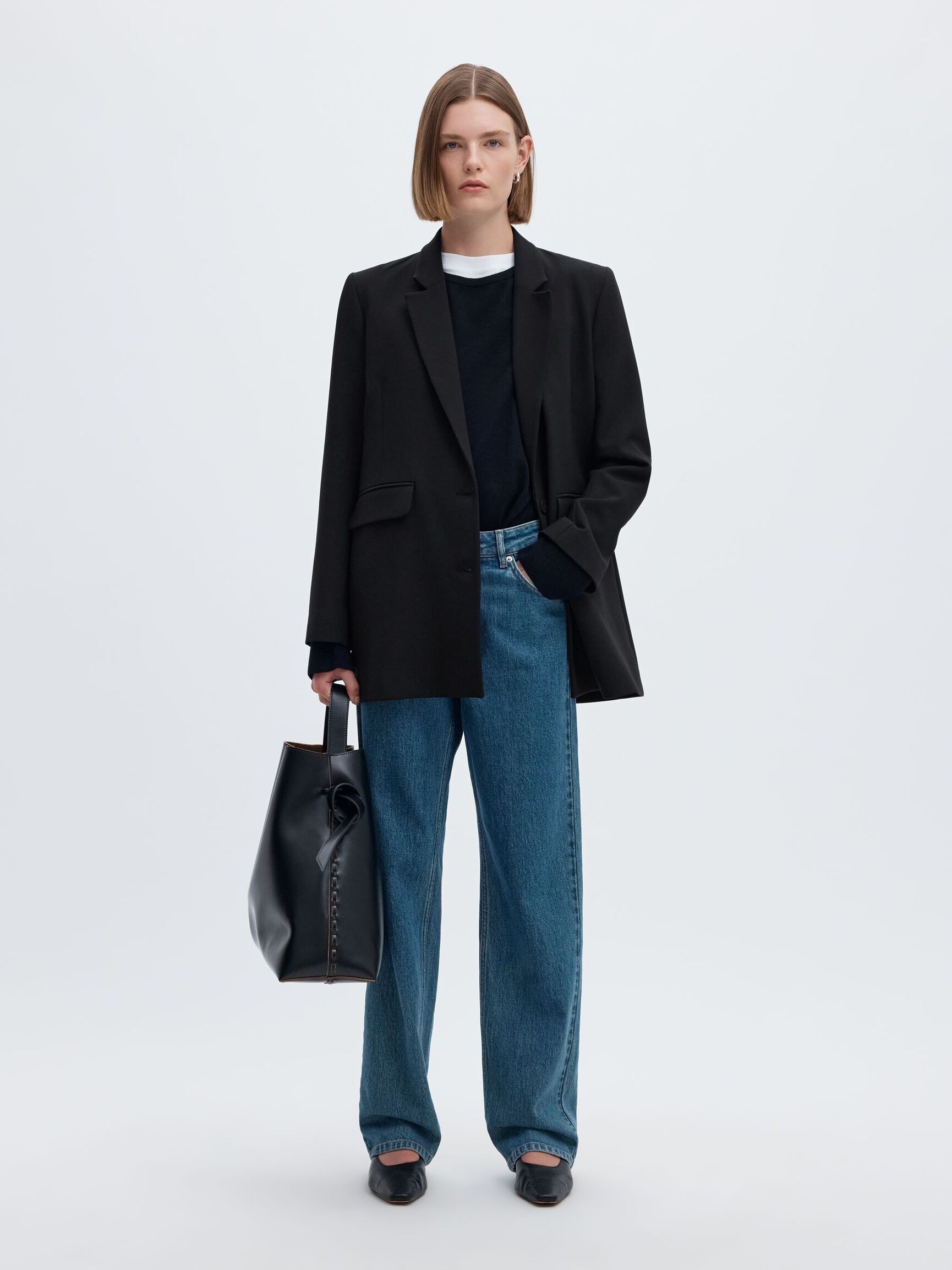 LONG RELAXED FIT SINGLE-BREASTED BLAZER, Black, highres