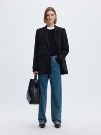 LONG RELAXED FIT SINGLE-BREASTED BLAZER, Black, highres