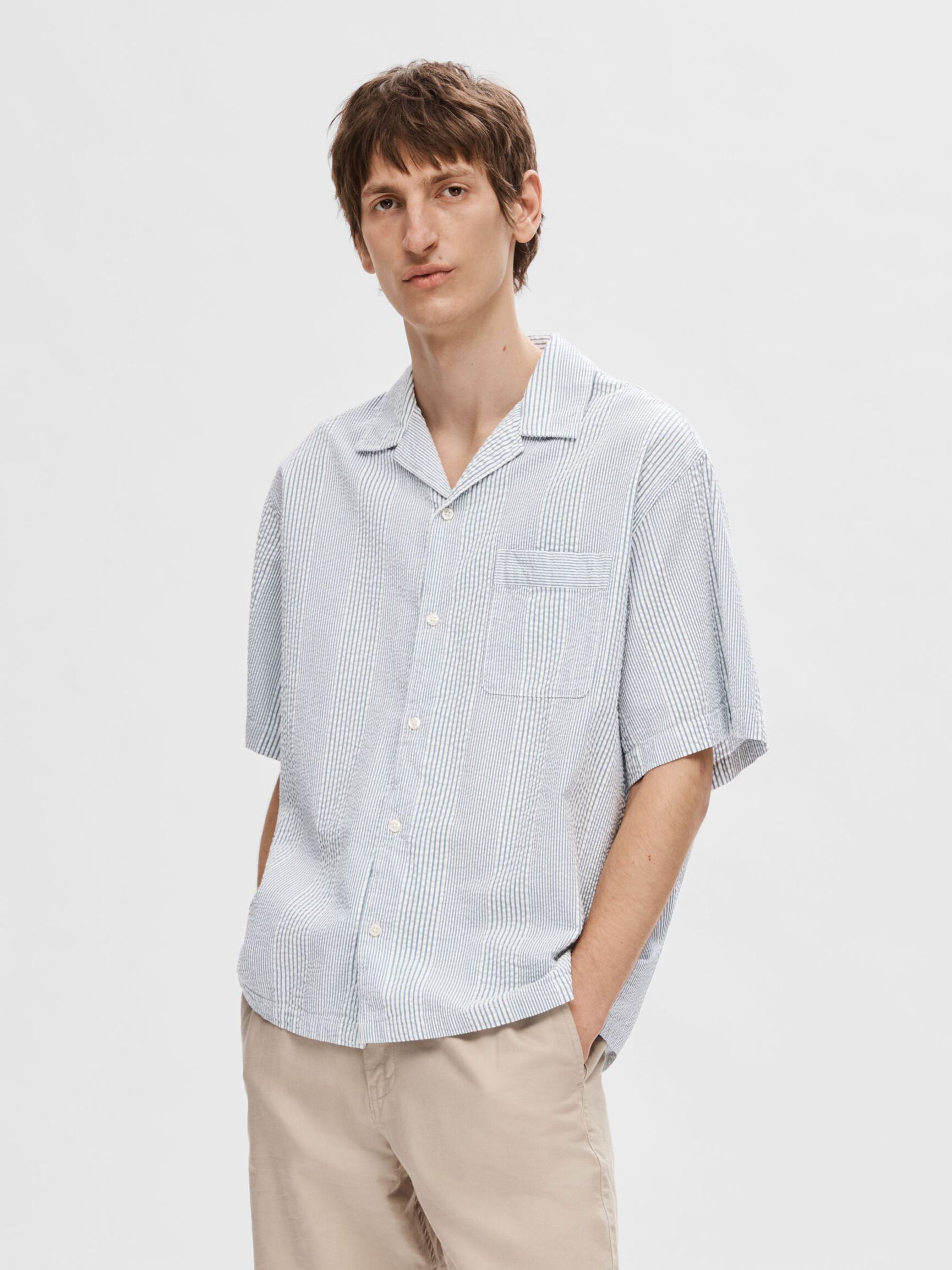 SEERSUCKER SHORT SLEEVED SHIRT, Navy Blazer, highres