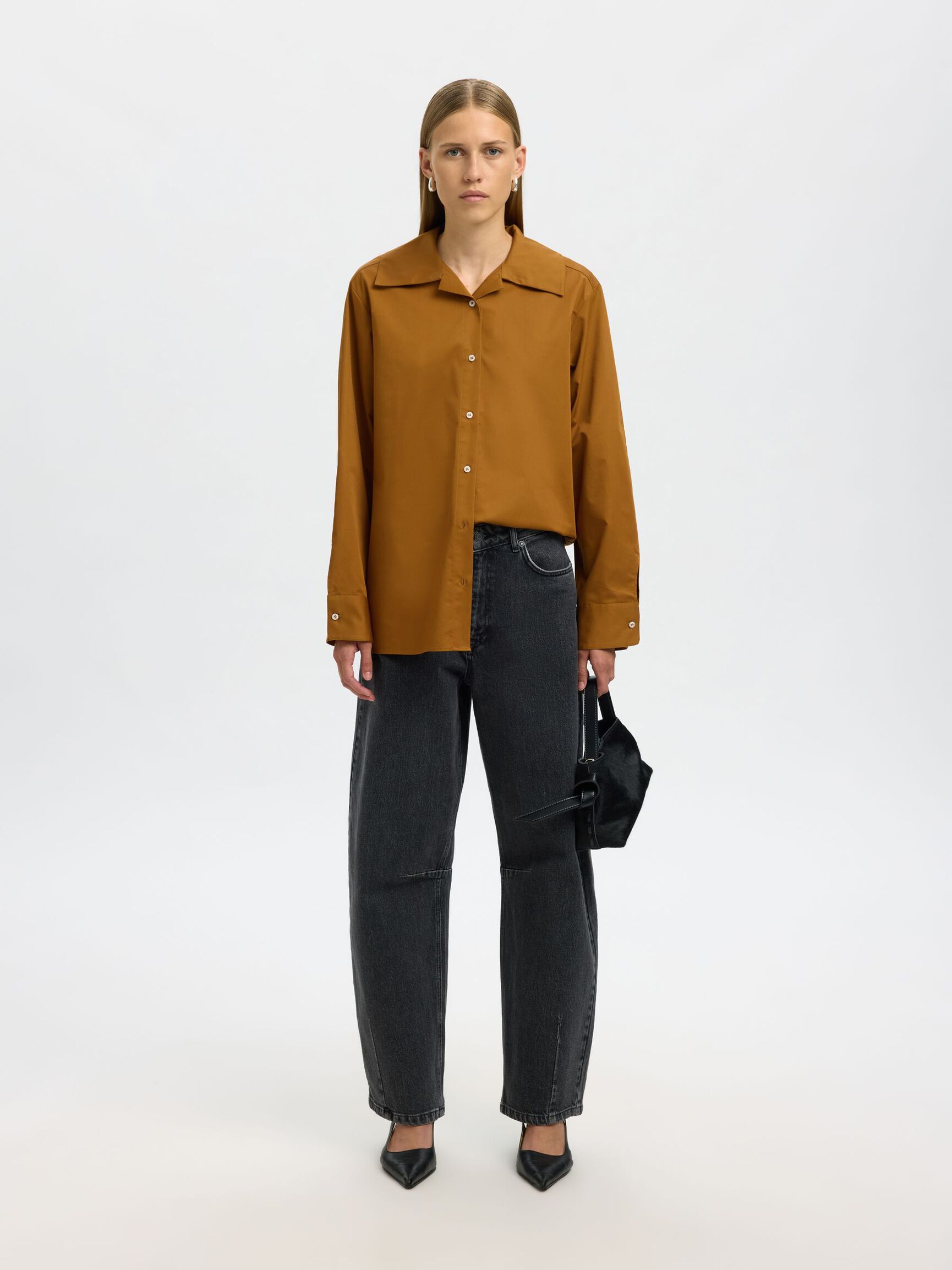 COTTON LONG SLEEVED SHIRT, Golden Brown, highres