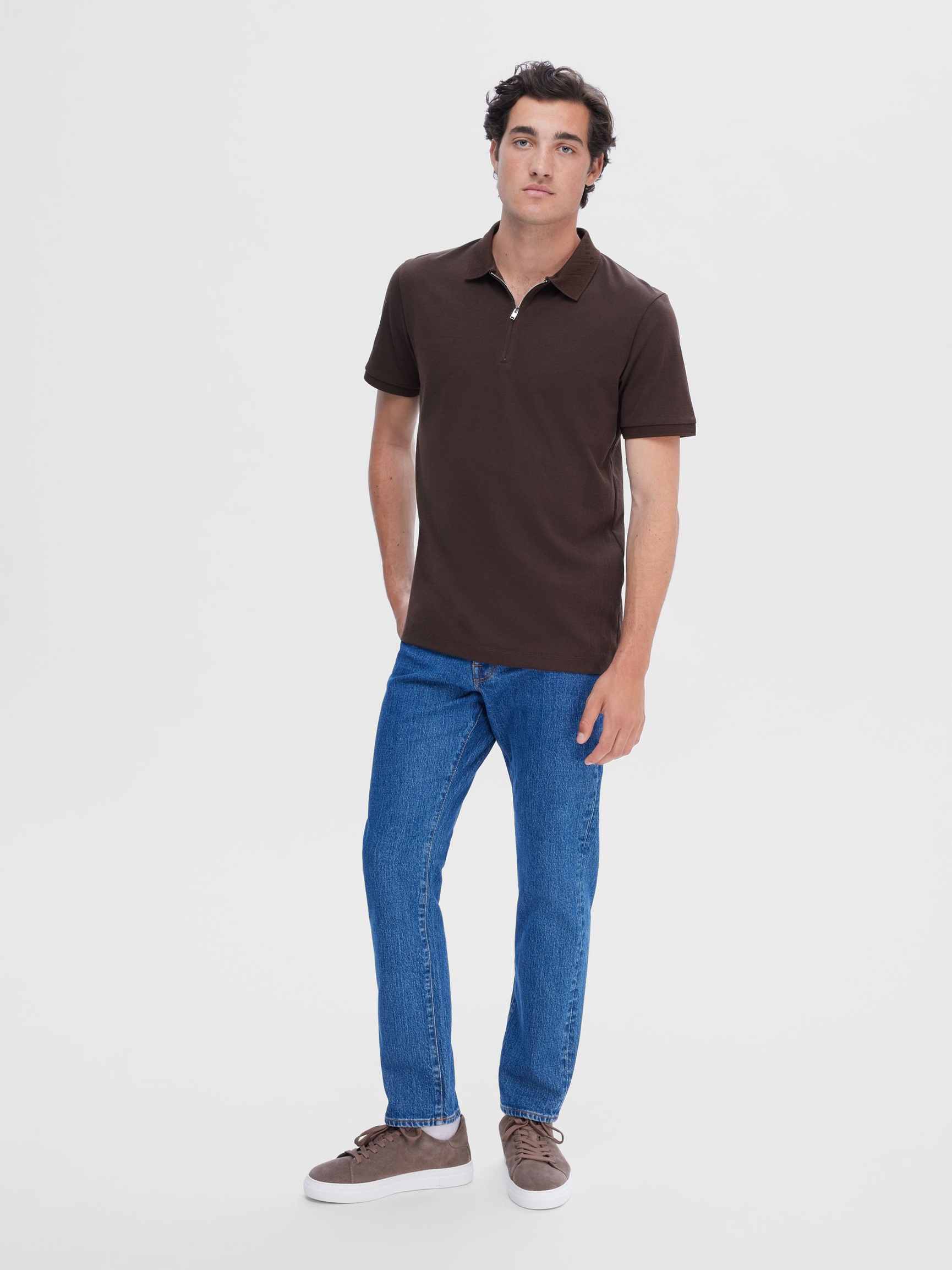 ZIPPER KNITTED POLO SHIRT, Demitasse, highres