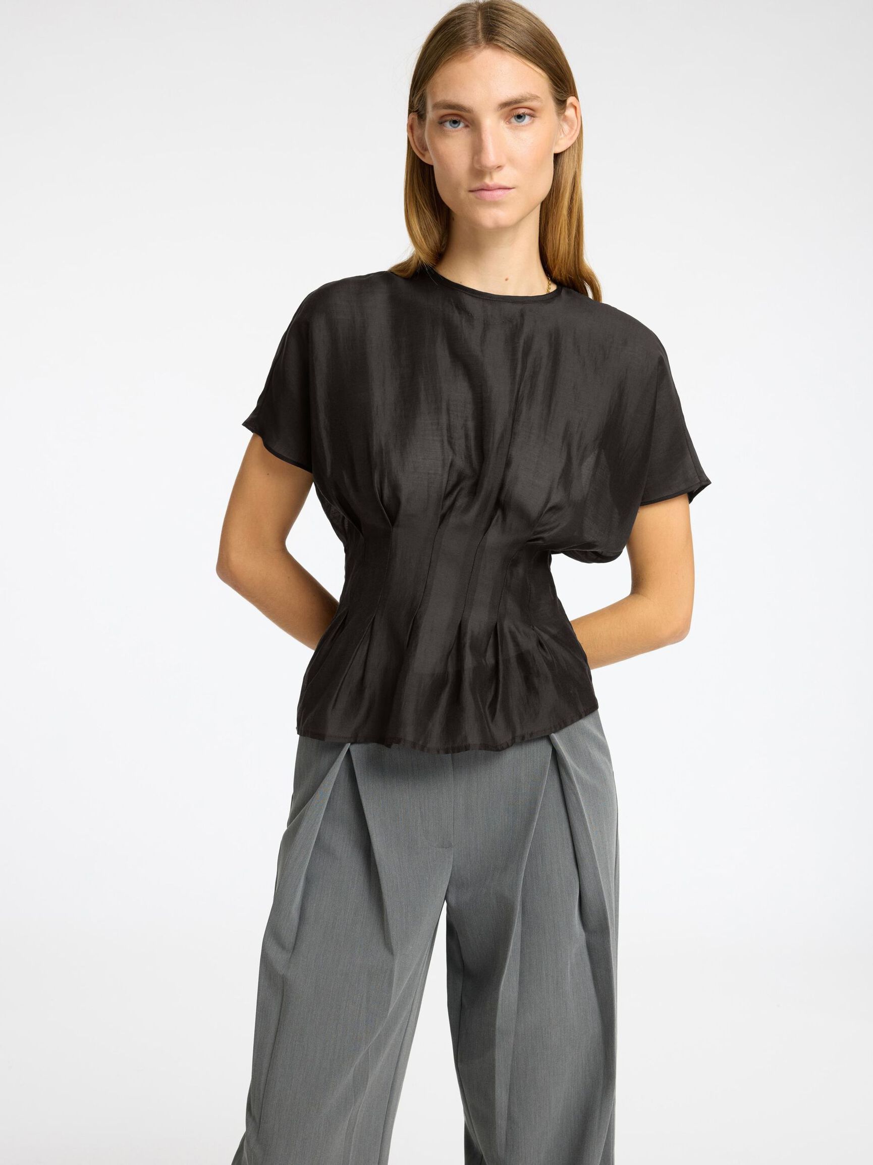 STRUCTURED SHORT SLEEVED TOP, Black, highres