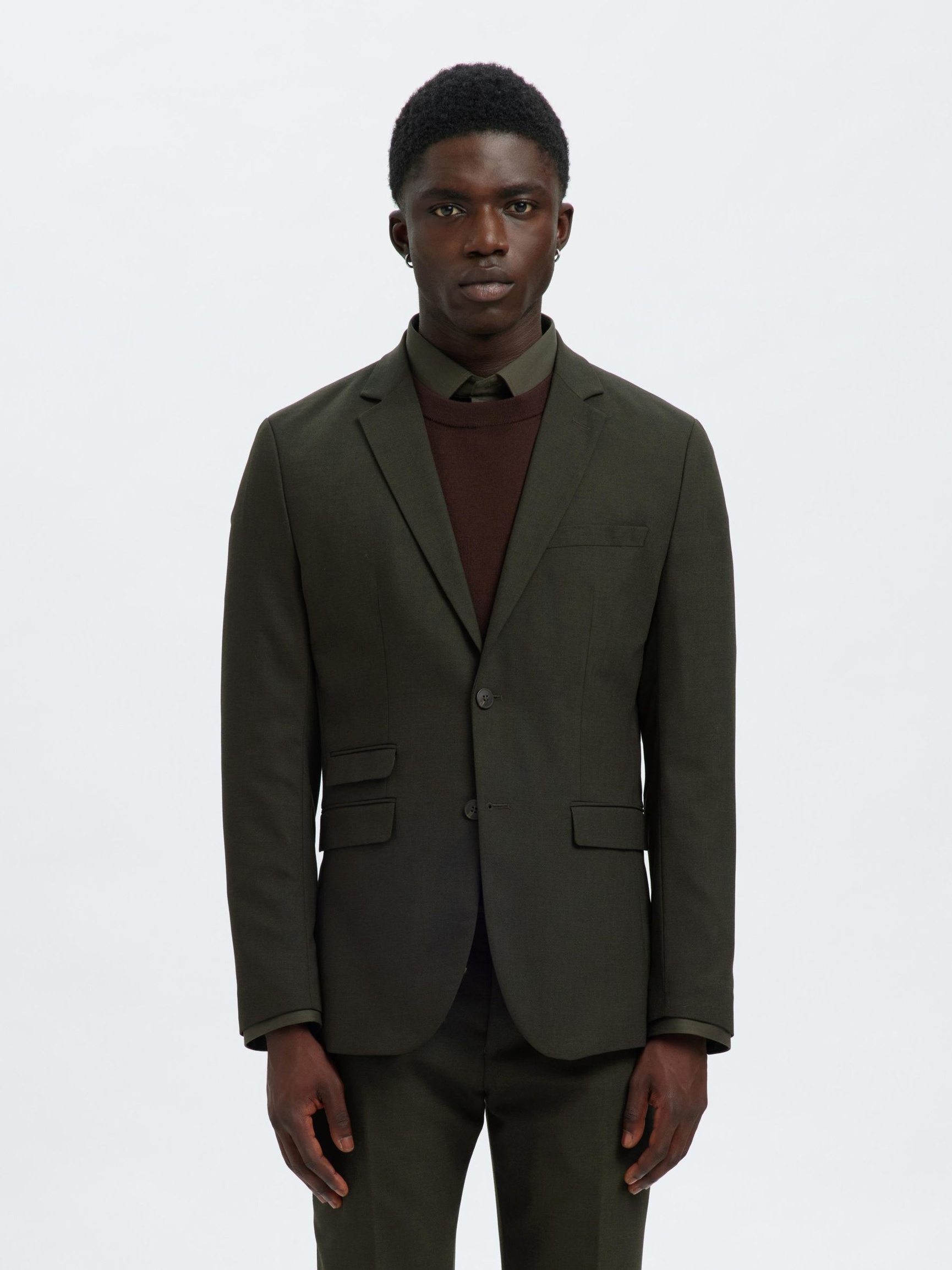 WOVEN WOOL BLEND BLAZER, Dark Green, highres