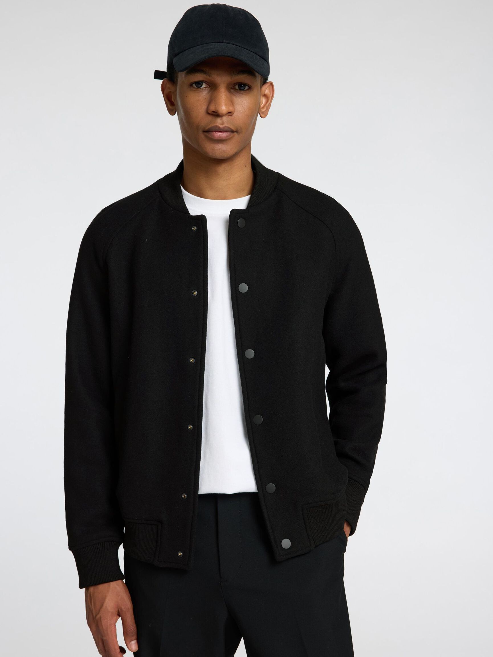 WOOL BLEND BOMBER JACKET, Black, highres
