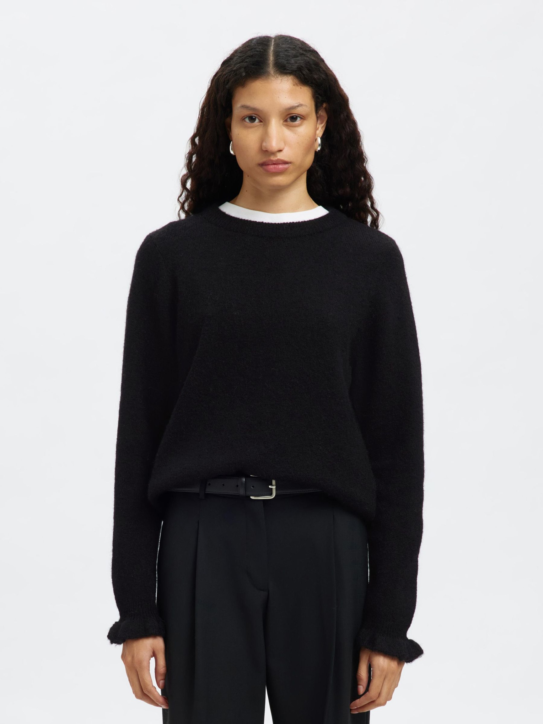 WOOL BLEND RUFFLED SLEEVE PULLOVER, Black, highres