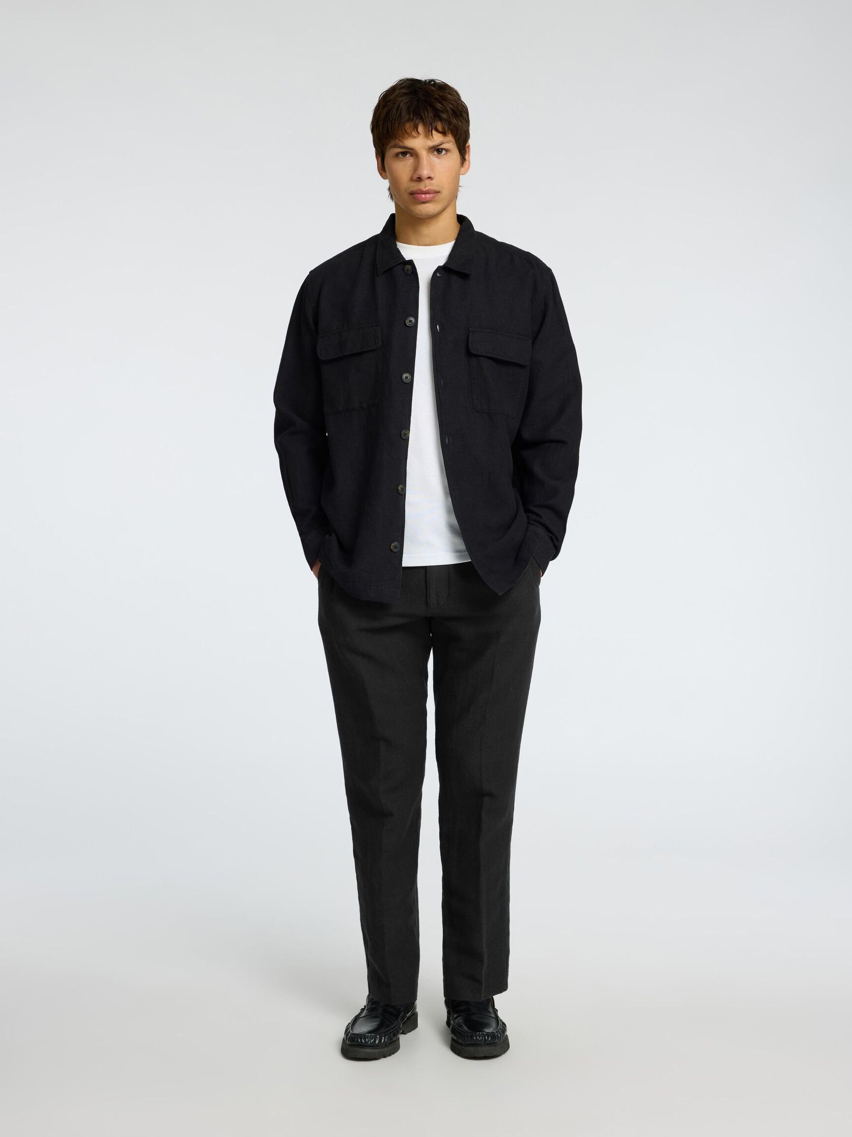196 STRAIGHT FIT LINEN-BLEND TROUSERS, Black, highres
