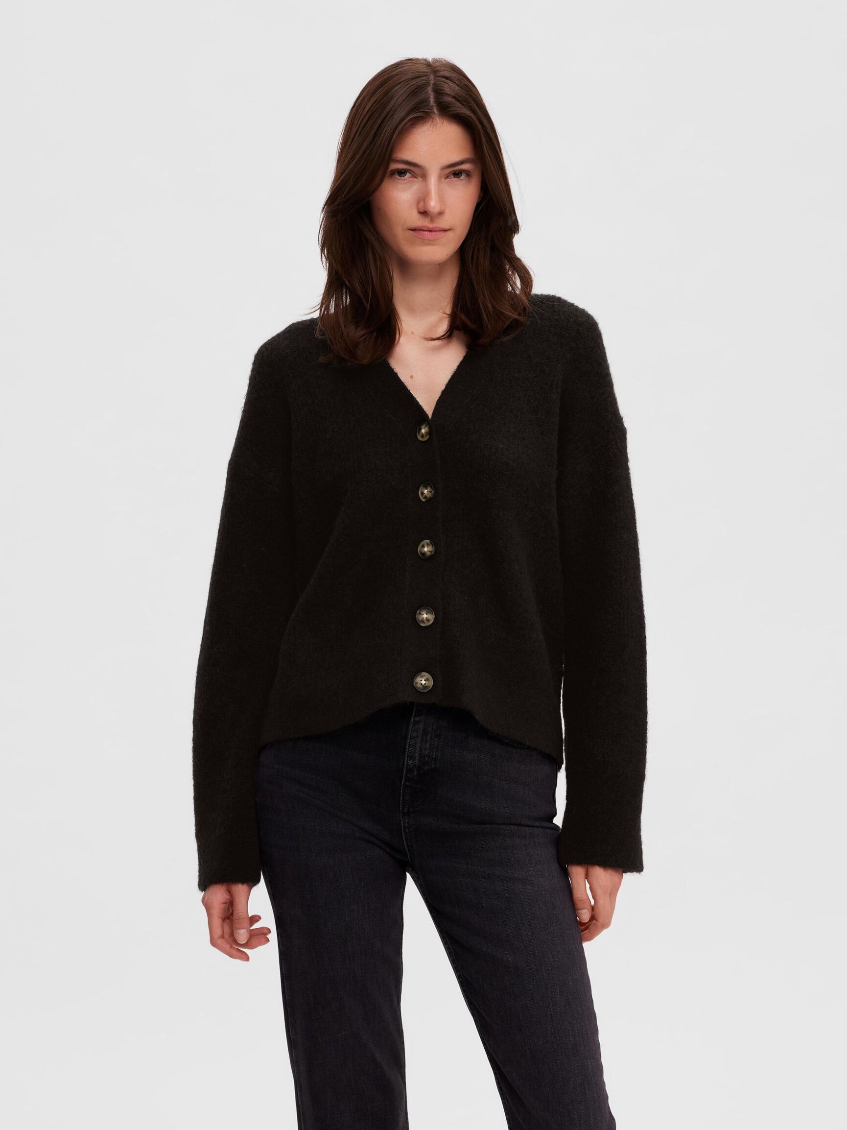 RELAXED FIT WOLLGEMISCH STRICKJACKE, Black, highres