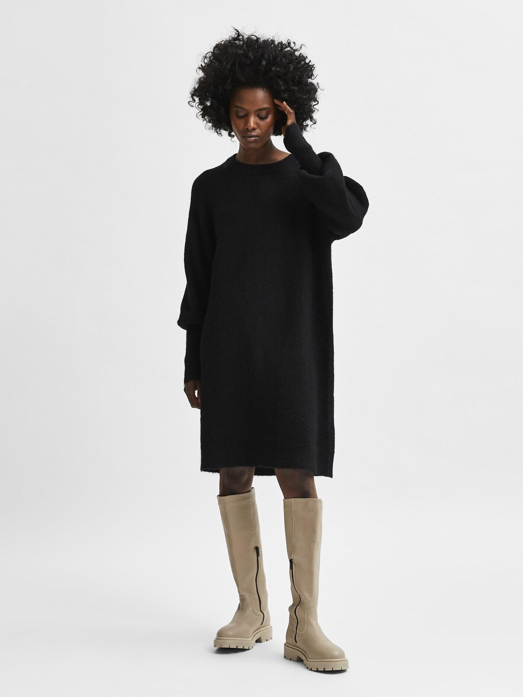 LONG SLEEVED KNITTED DRESS, Black, highres