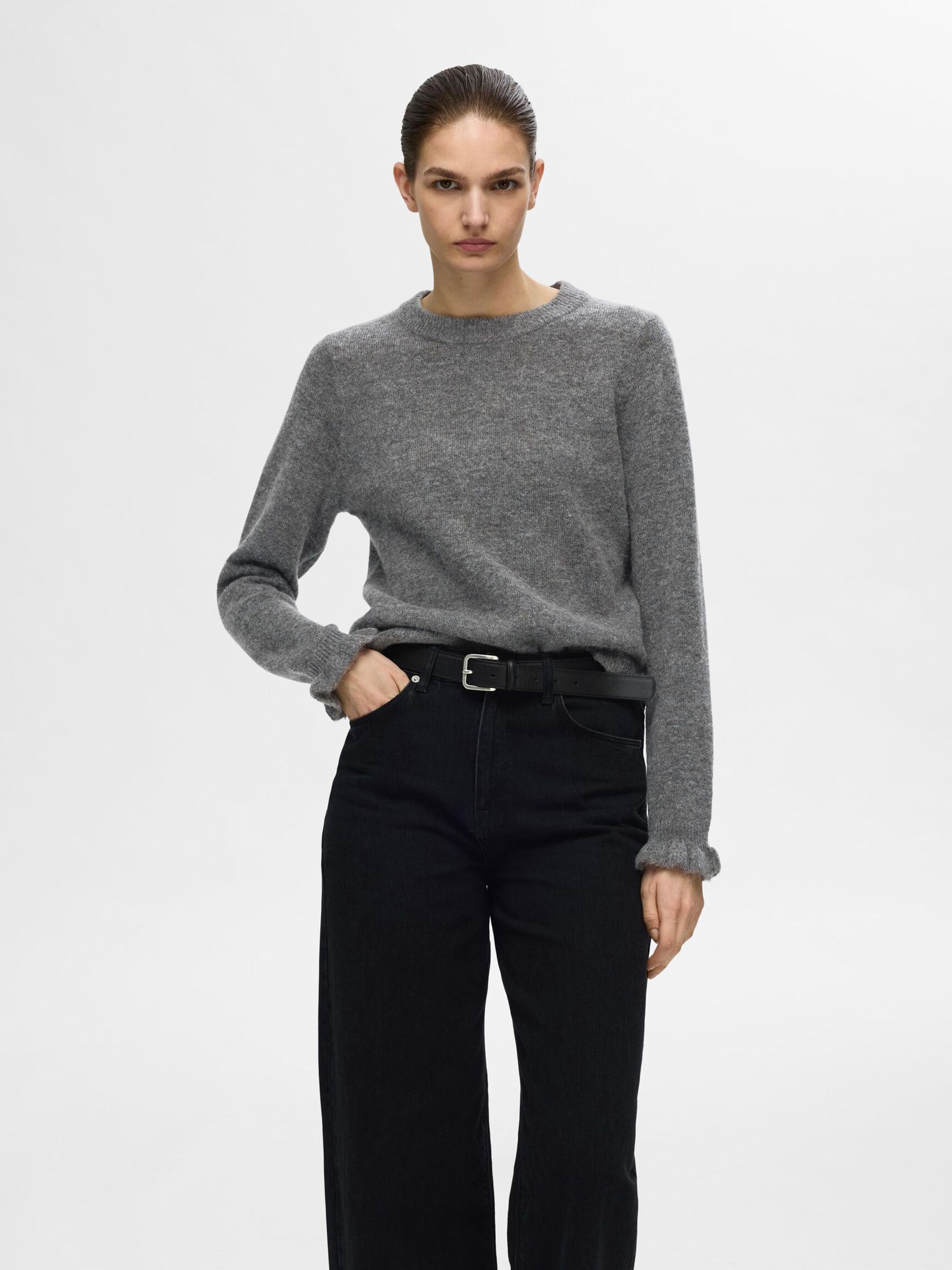 WOOL BLEND RUFFLED SLEEVE PULLOVER, Medium Grey Melange, highres