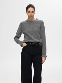 WOOL BLEND RUFFLED SLEEVE PULLOVER, Medium Grey Melange, highres