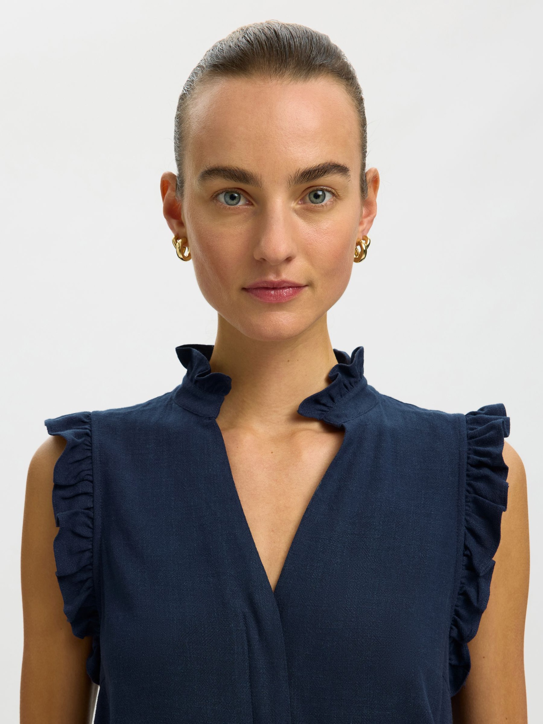 SLEEVELESS RUFFLE DETAIL TOP, Dark Sapphire, highres
