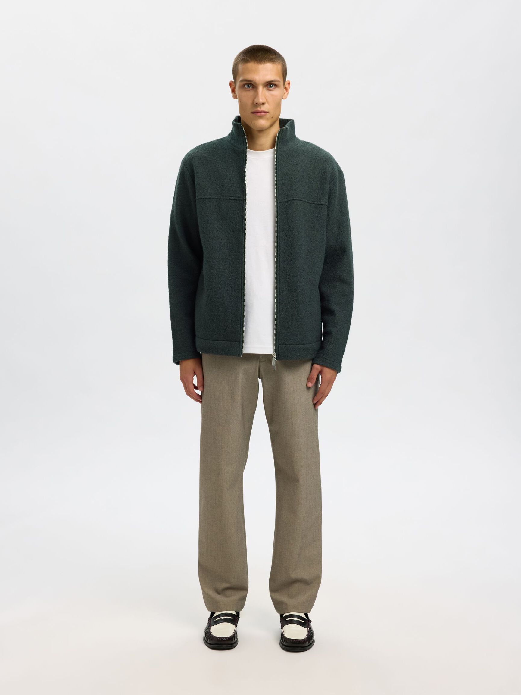 100% WOLL STRICKJACKE MIT REISSVERSCHLUSS, Deep Forest, highres