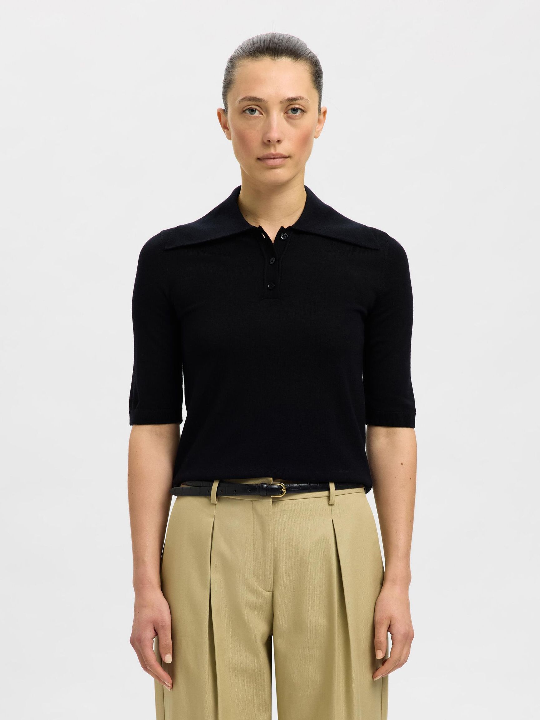 100% MERINOULD STRIKKET POLOSHIRT, Black, highres