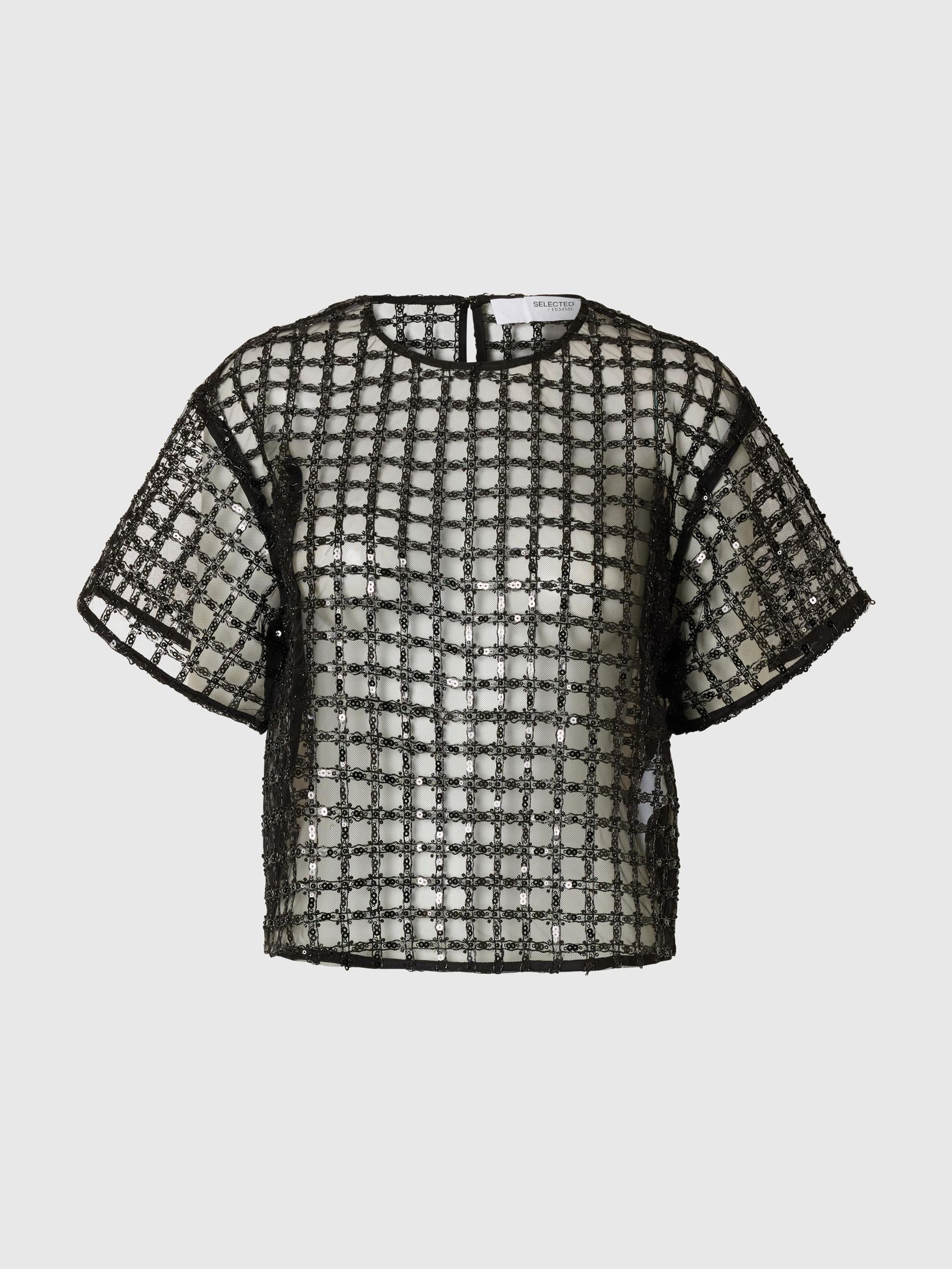 PAILLETTEN TOP MET KORTE MOUWEN, Black, highres