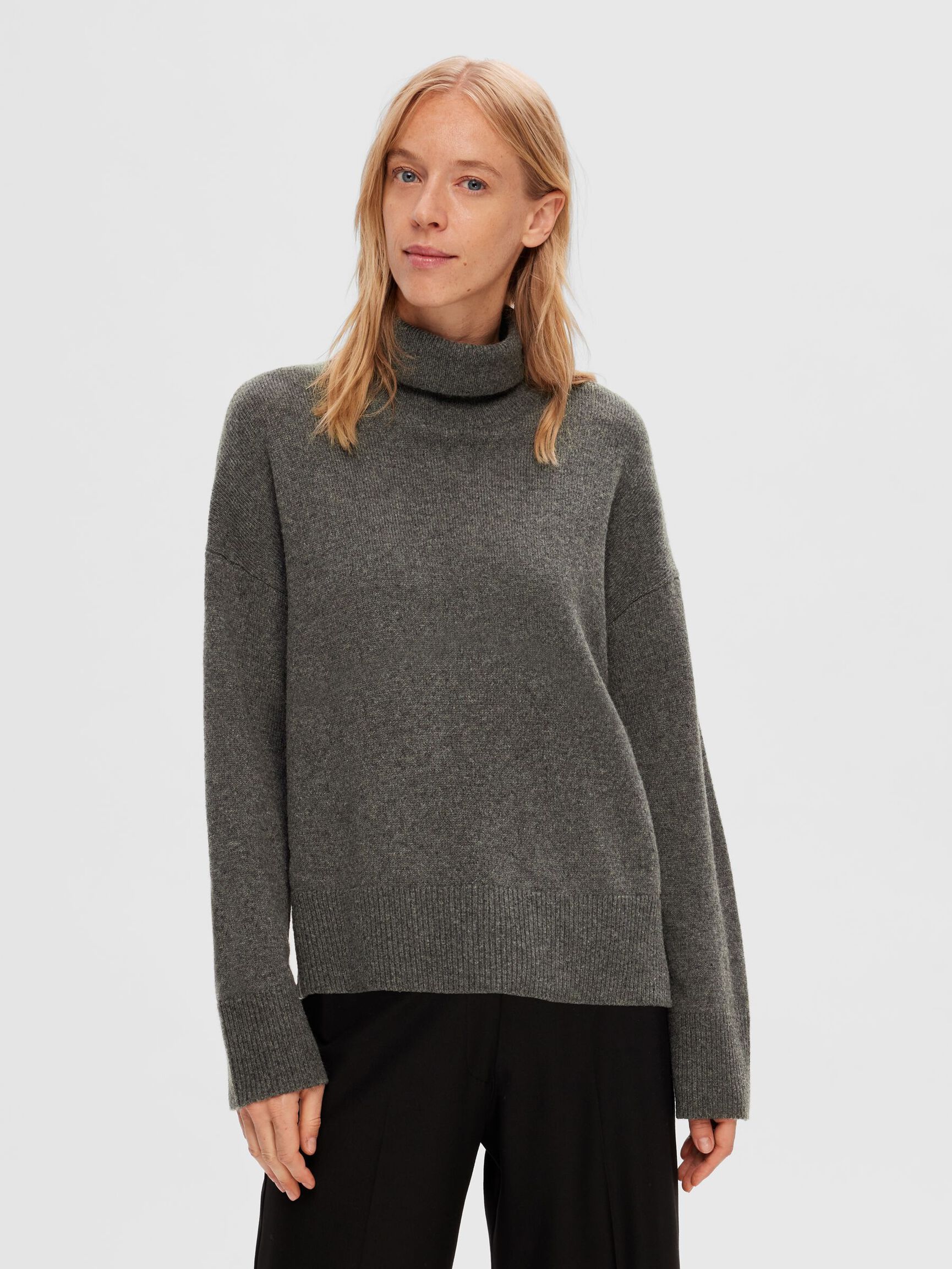WOOL BLEND ROLL NECK JUMPER, Medium Grey Melange, highres