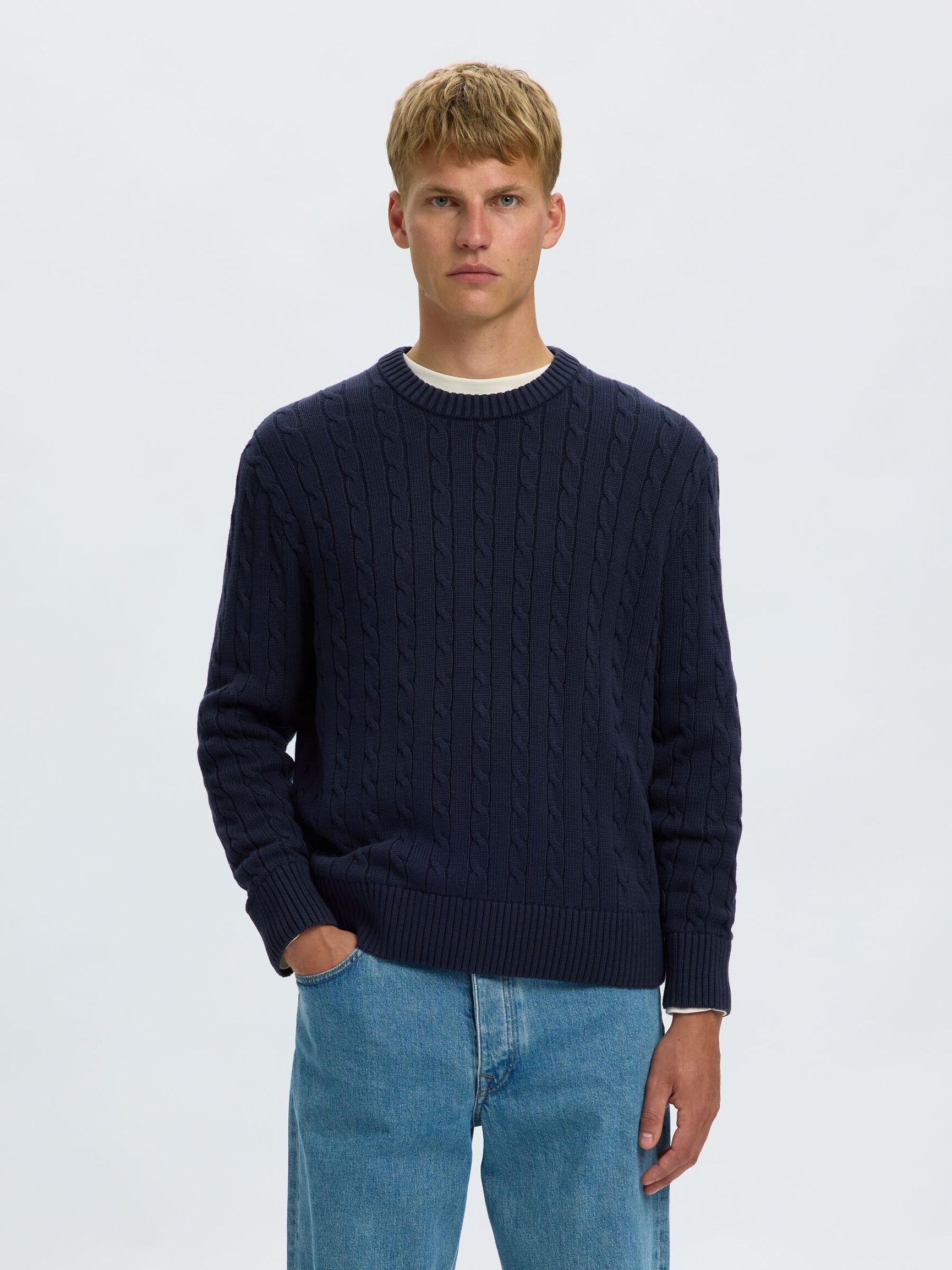 CABLE KNIT PULLOVER, Navy Blazer, highres