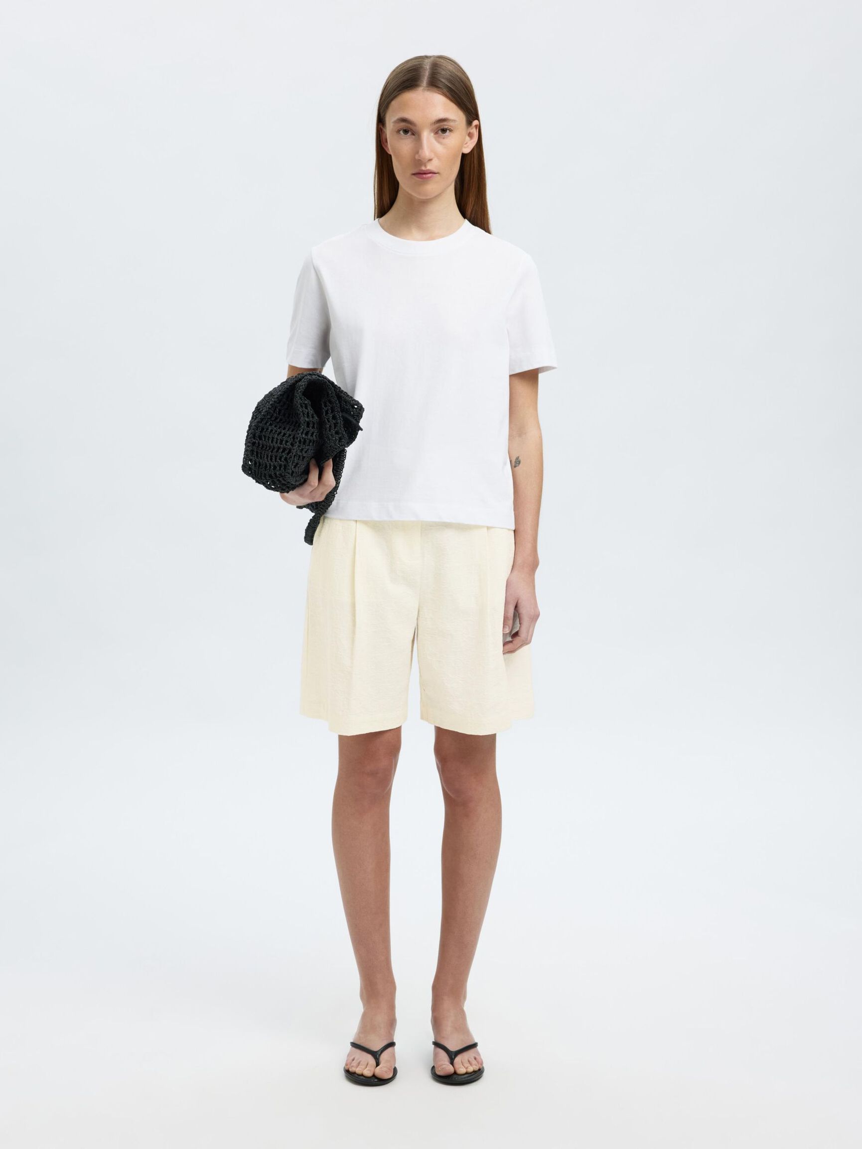 BOMULLSBLANDING JACQUARD SHORTS, Snow White, highres