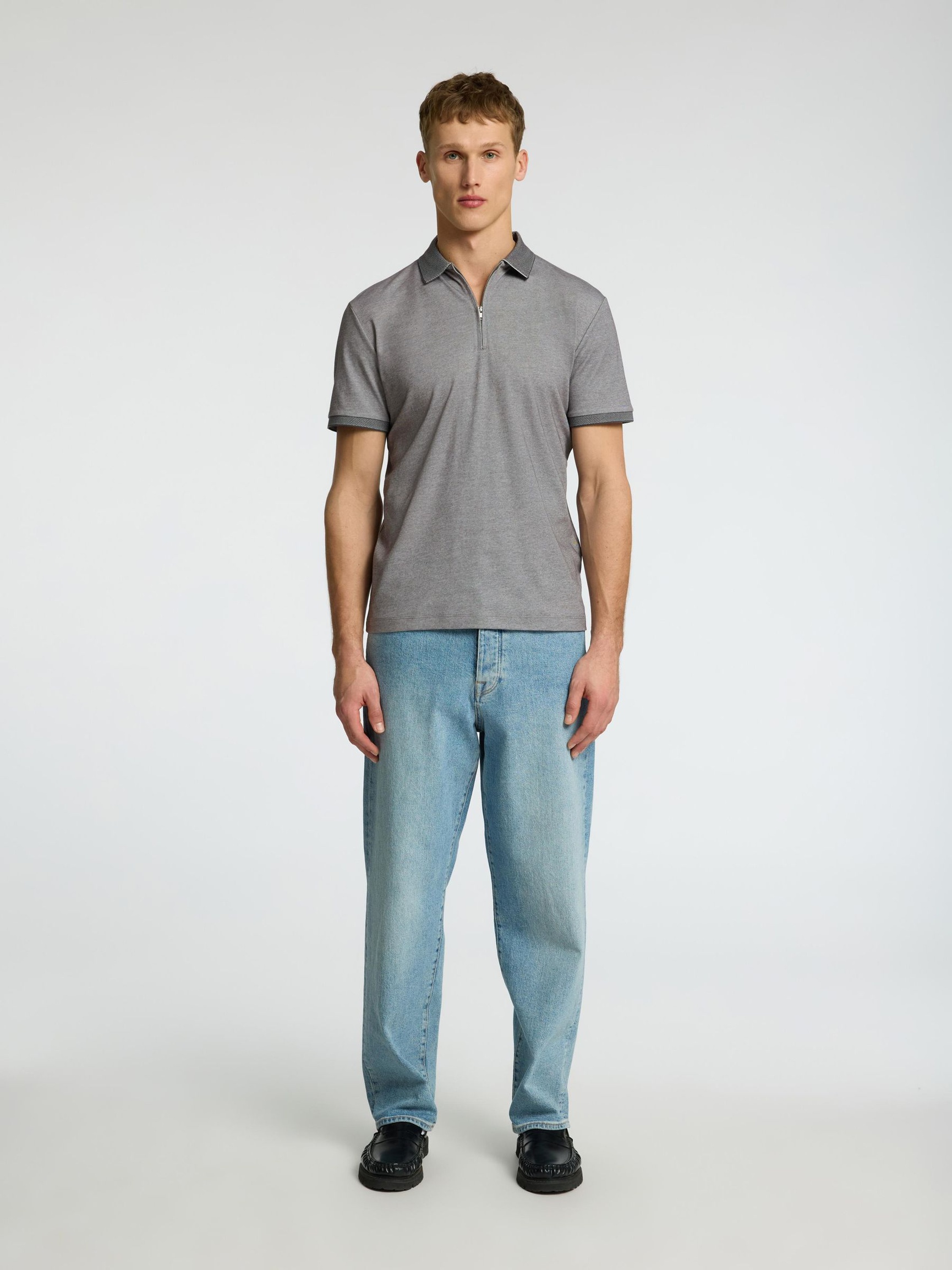 ZIPPER KNITTED POLO SHIRT, Medium Grey Melange, highres