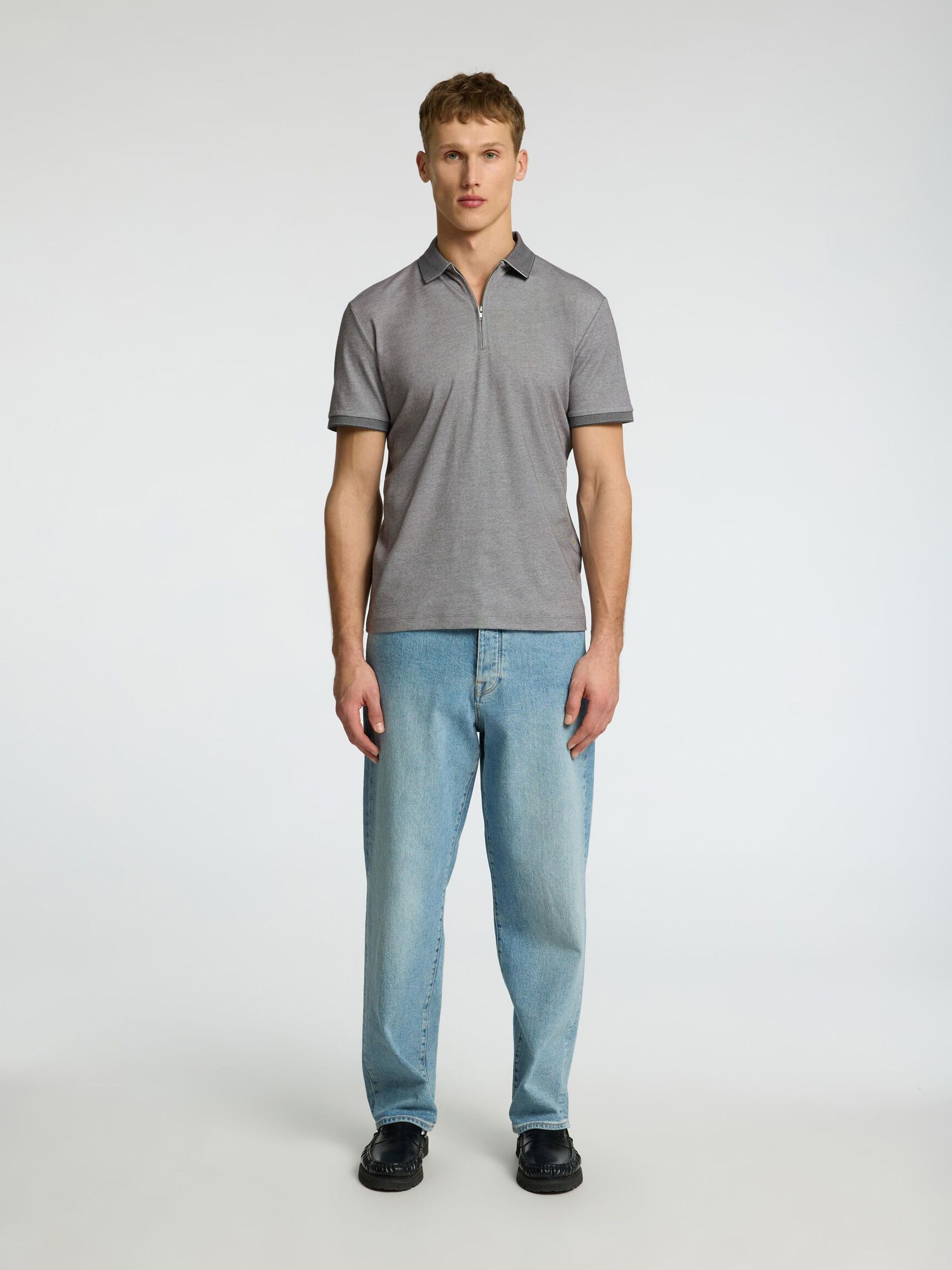 ZIPPER POLO SHIRT, Medium Grey Melange, highres
