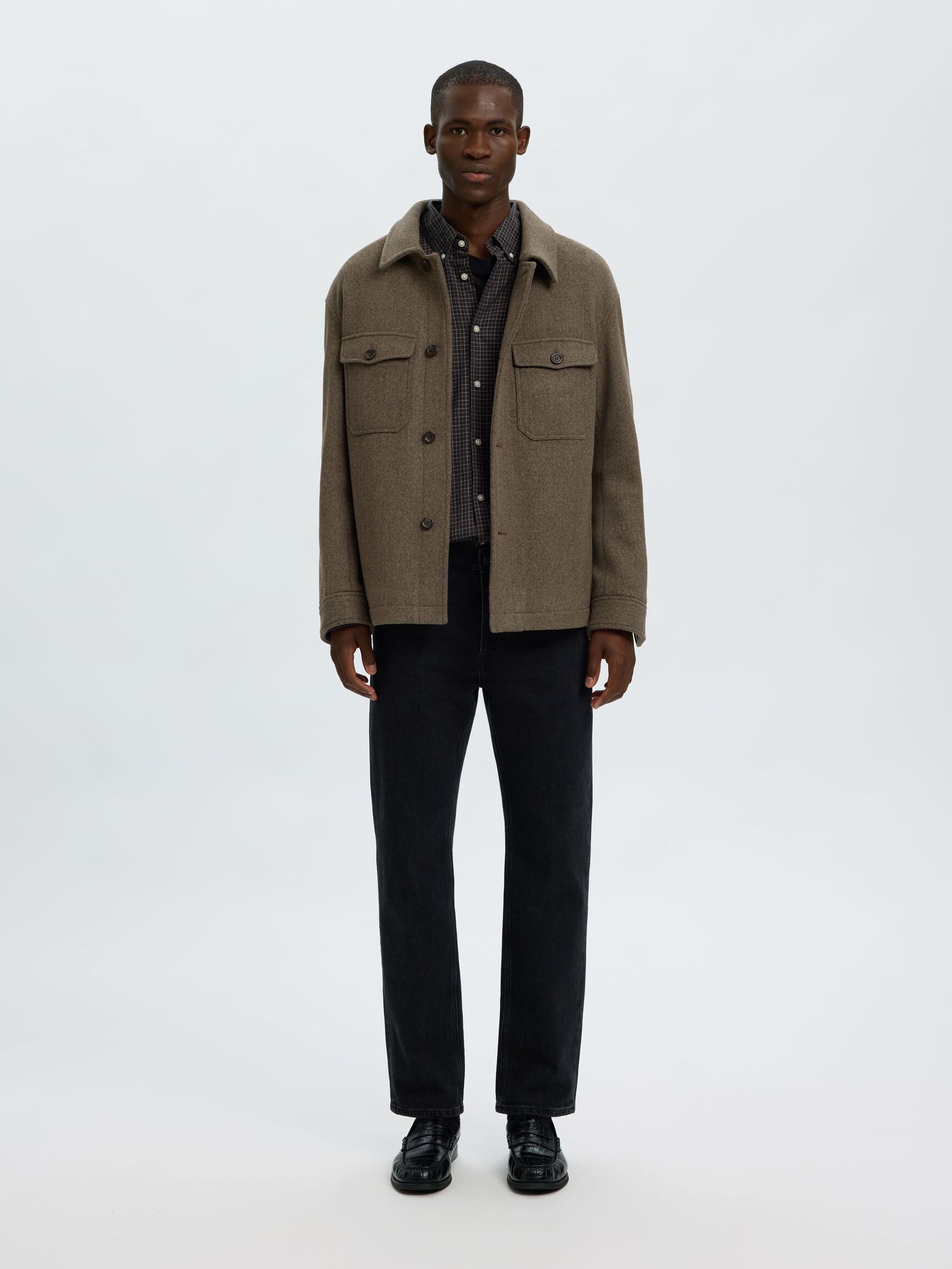 WOOL BLEND SHACKET, Chocolate Torte, highres