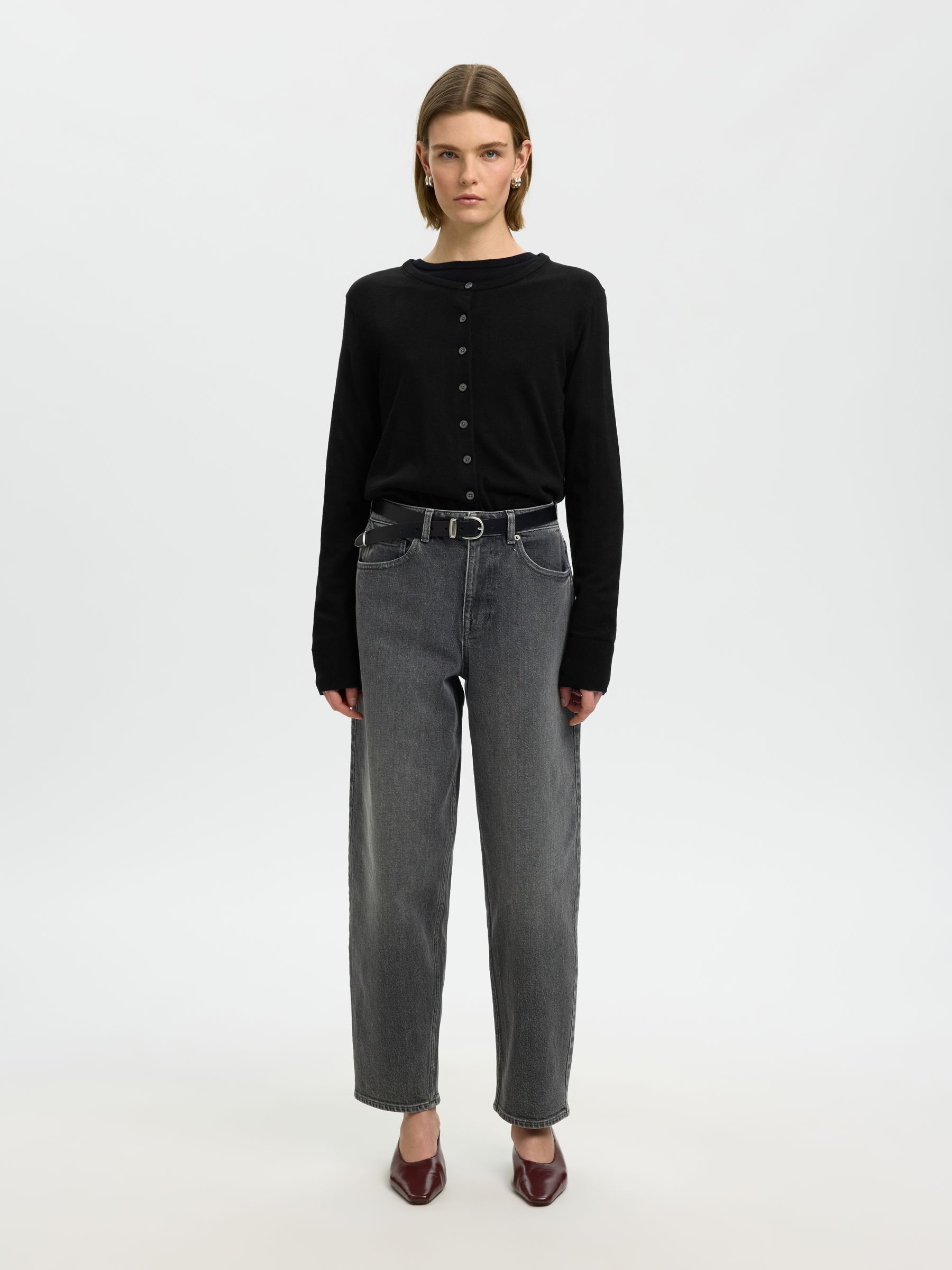 100% MERINO WOOL KNITTED CARDIGAN, Black, highres