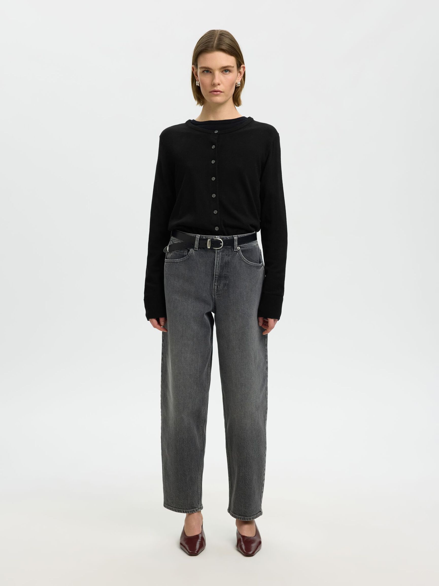 100% MERINO WOOL KNITTED CARDIGAN, Black, highres